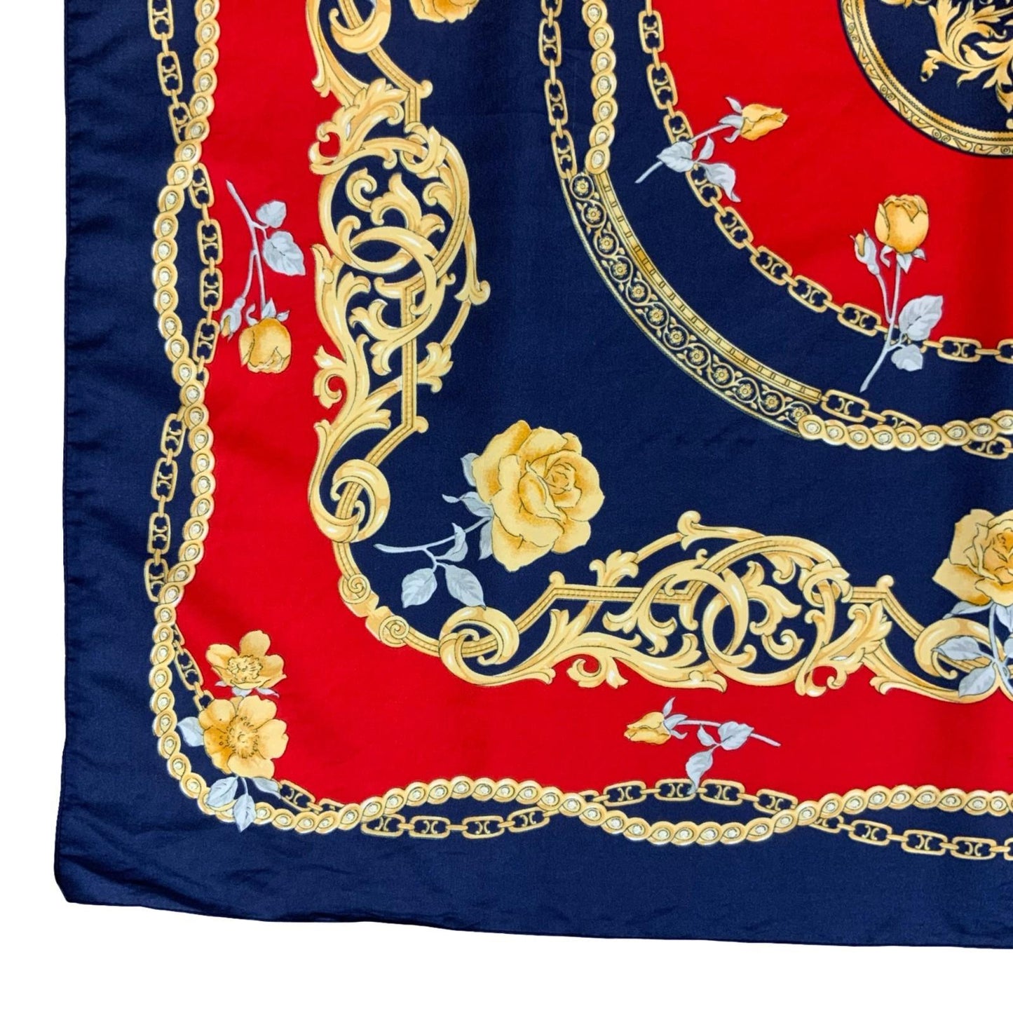 VTG BLUE RED GOLD ROYAL CHAIL FLORAL ROSE INTRICATE DESIGN SQUARE SCARF