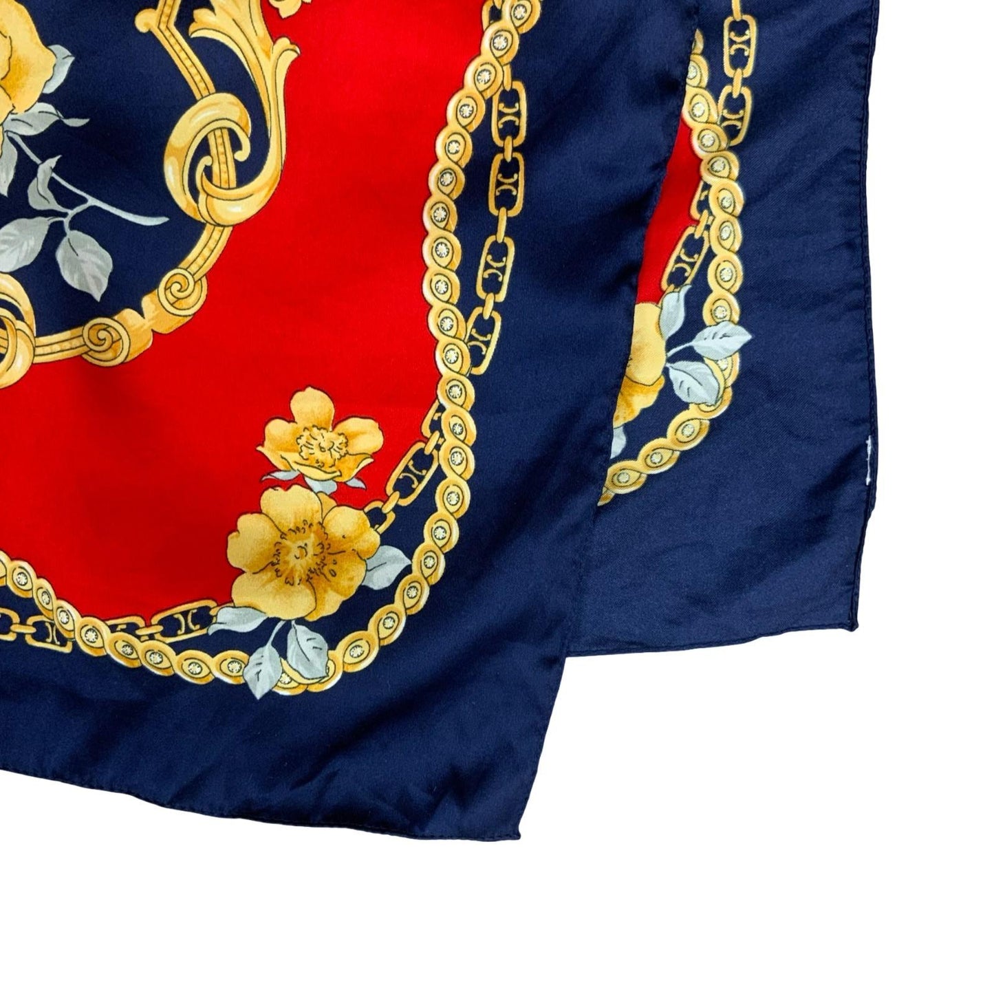 VTG BLUE RED GOLD ROYAL CHAIL FLORAL ROSE INTRICATE DESIGN SQUARE SCARF