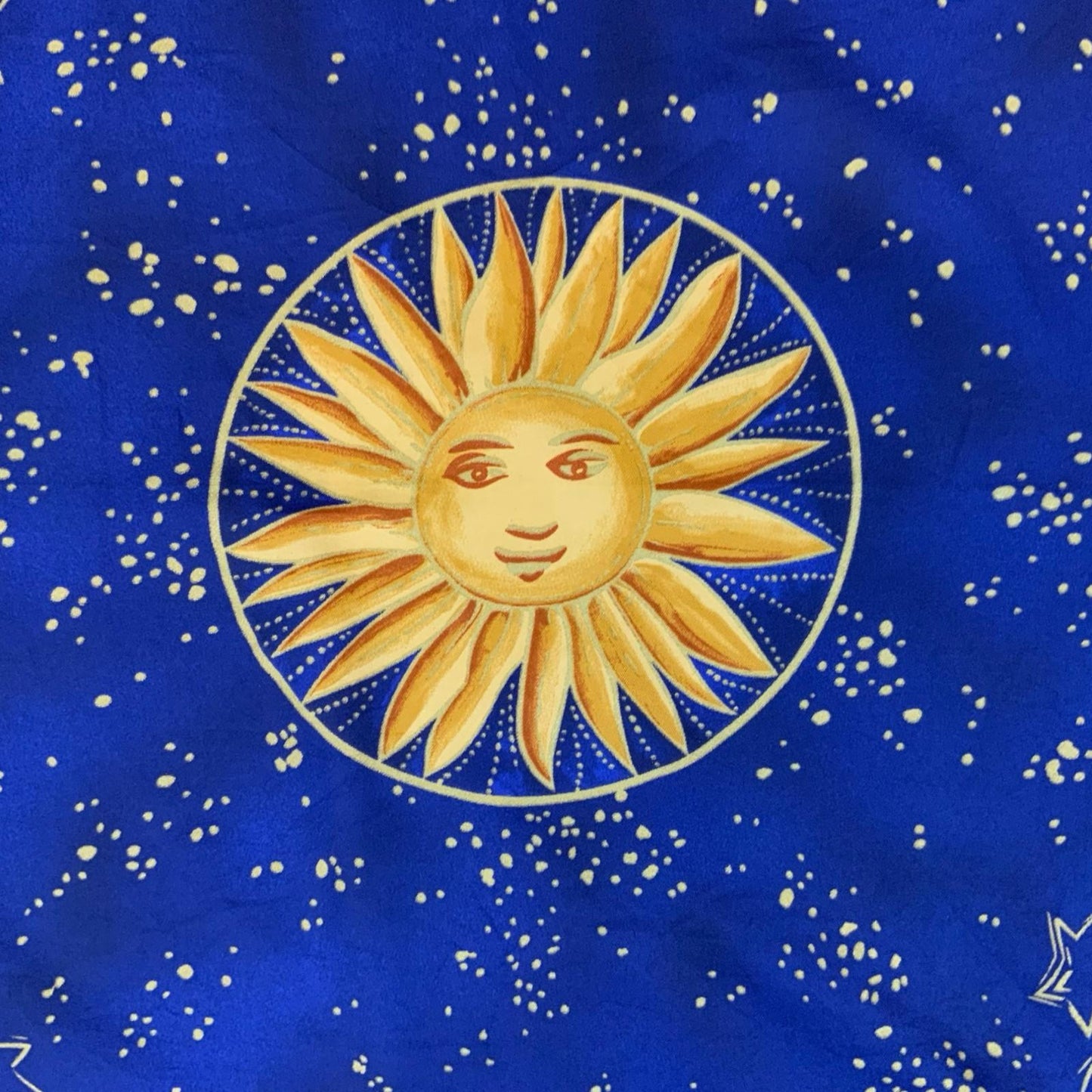 VTG 90s Y2K BLUE GOLD SUN CELESTIAL GRAPHIC STAR BOHO ALTAR CLOTH SQUARE SCARF