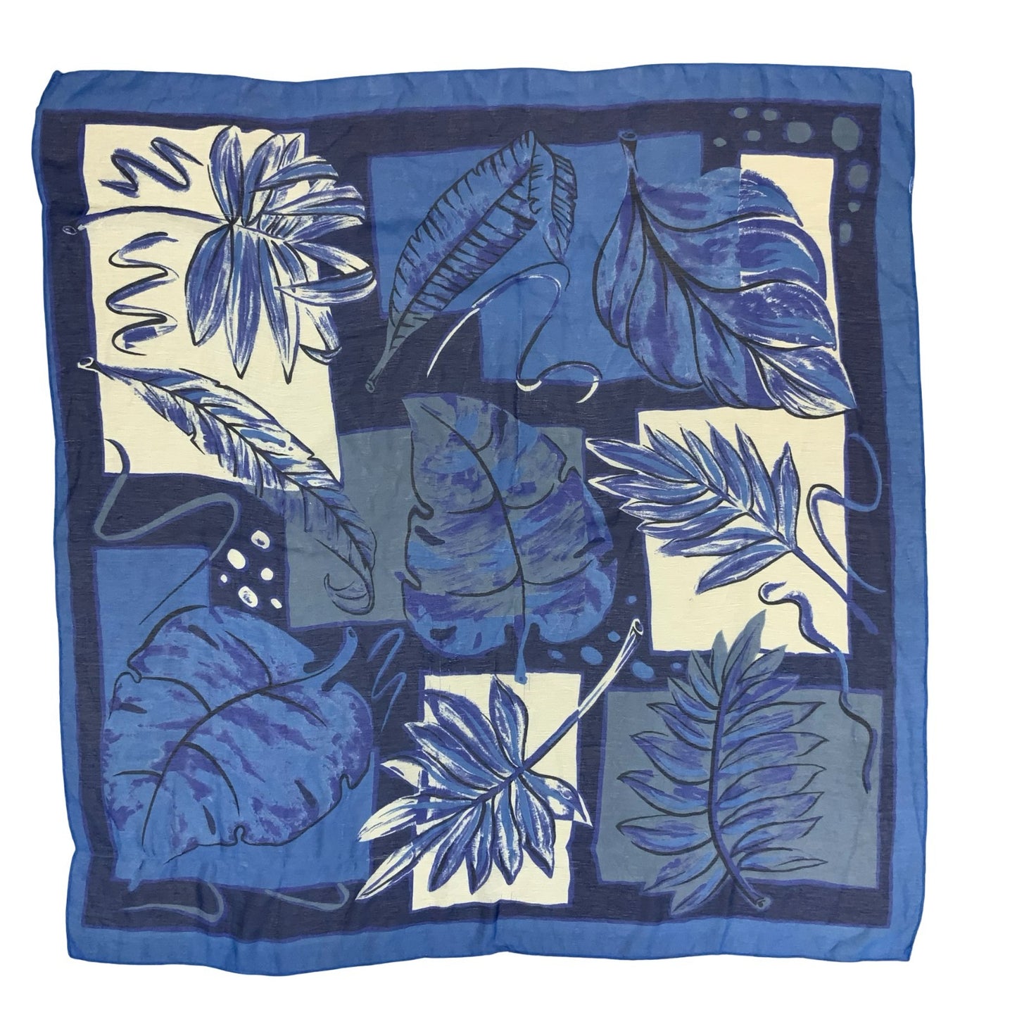 VTG 90s BLUE WHITE BOTANICAL LEAF PATCH GEOMETRIC PATTERNED SQUARE SCARF