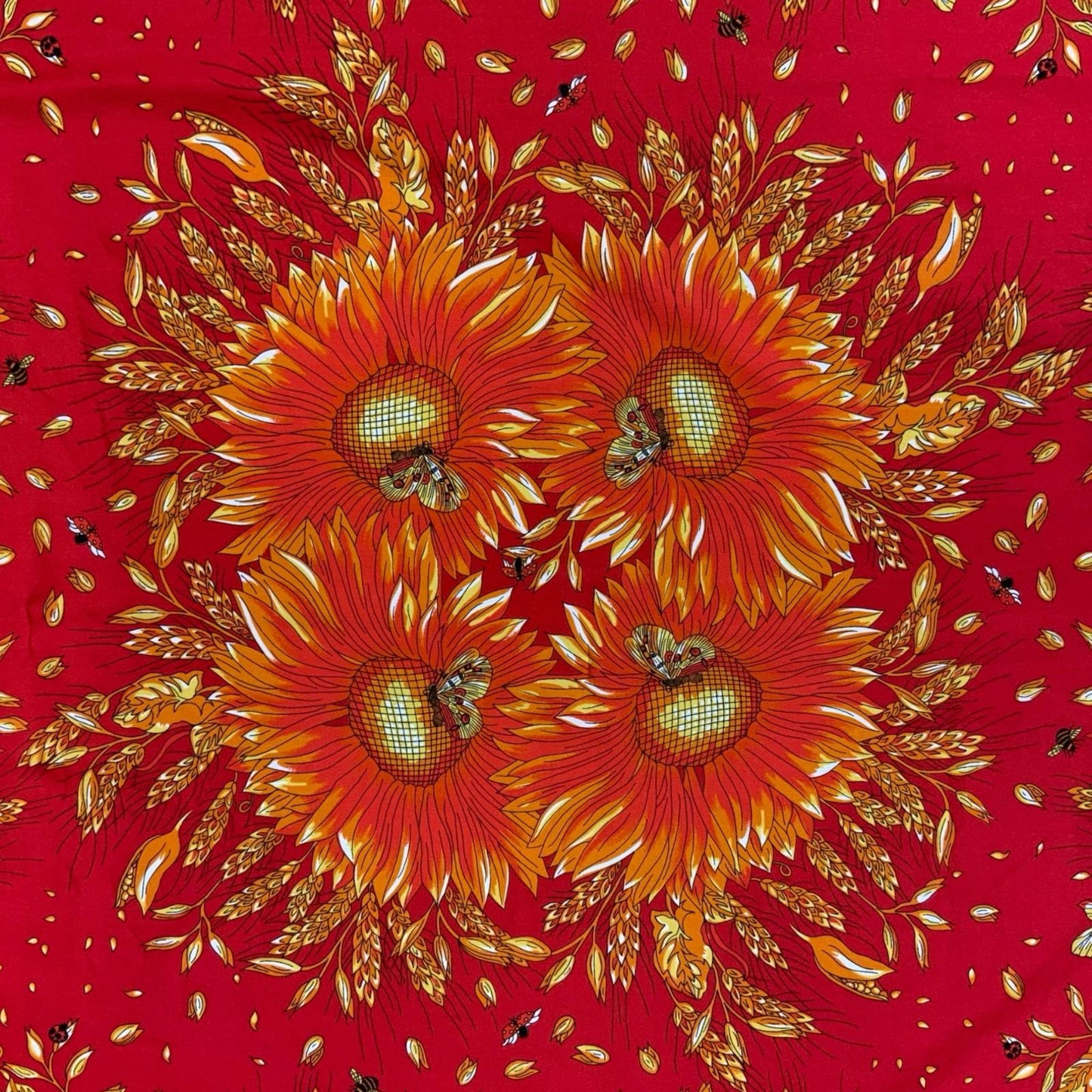 VTG RED YELLOW FLORAL LADY BUG BEE BUTTERFLY INTRICATE DECORATIVE SQUARE SCARF