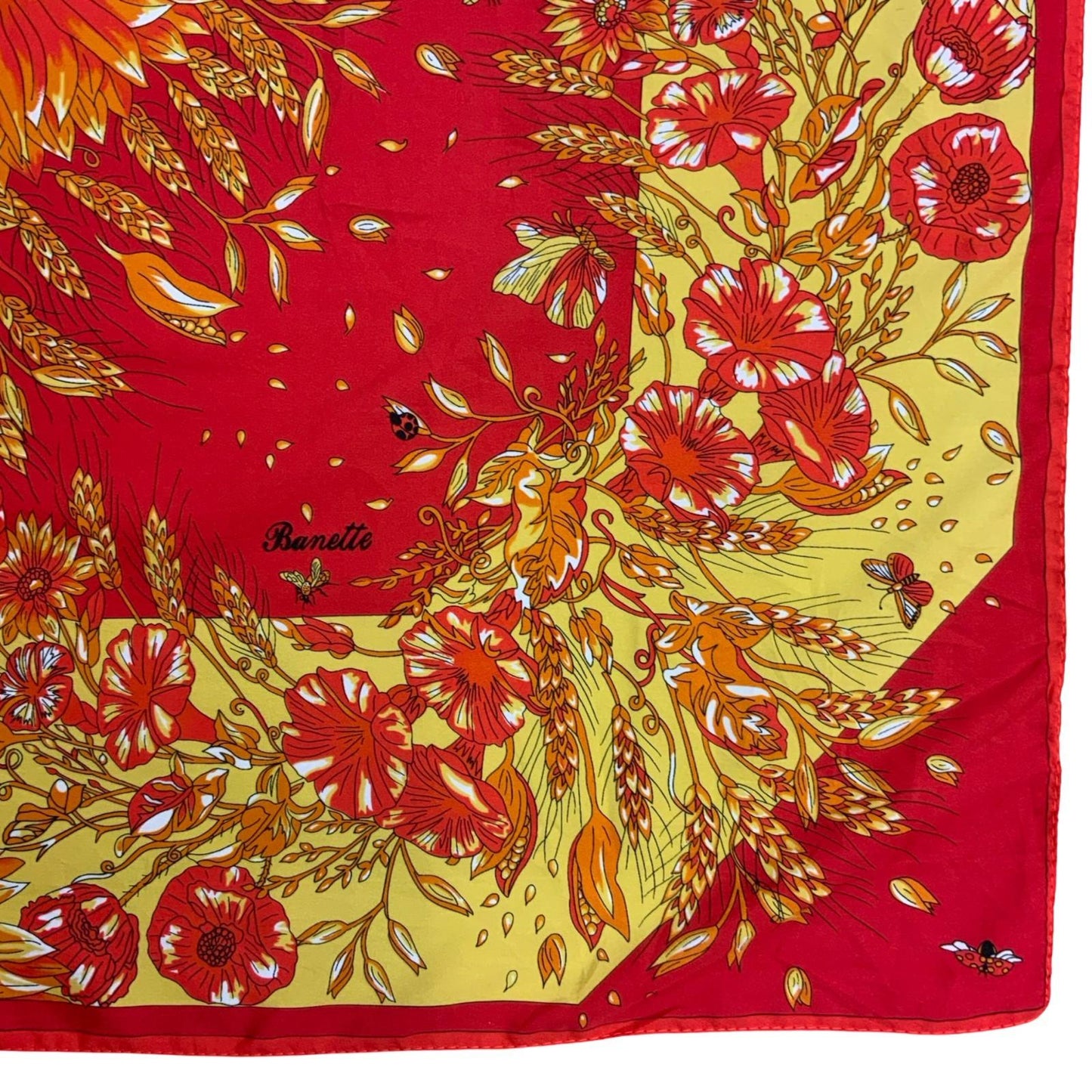 VTG RED YELLOW FLORAL LADY BUG BEE BUTTERFLY INTRICATE DECORATIVE SQUARE SCARF
