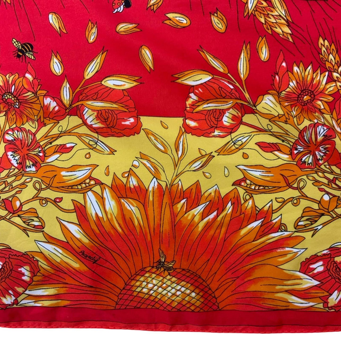 VTG RED YELLOW FLORAL LADY BUG BEE BUTTERFLY INTRICATE DECORATIVE SQUARE SCARF