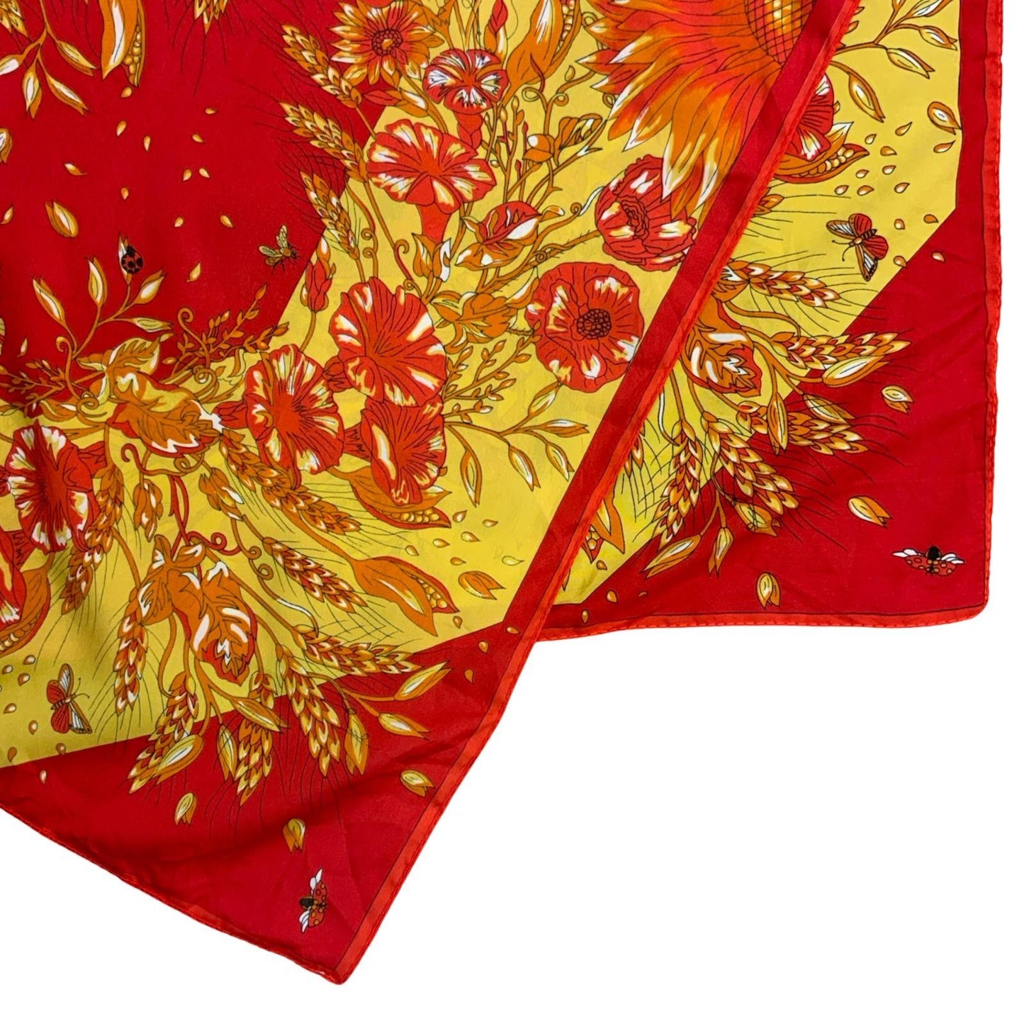 VTG RED YELLOW FLORAL LADY BUG BEE BUTTERFLY INTRICATE DECORATIVE SQUARE SCARF