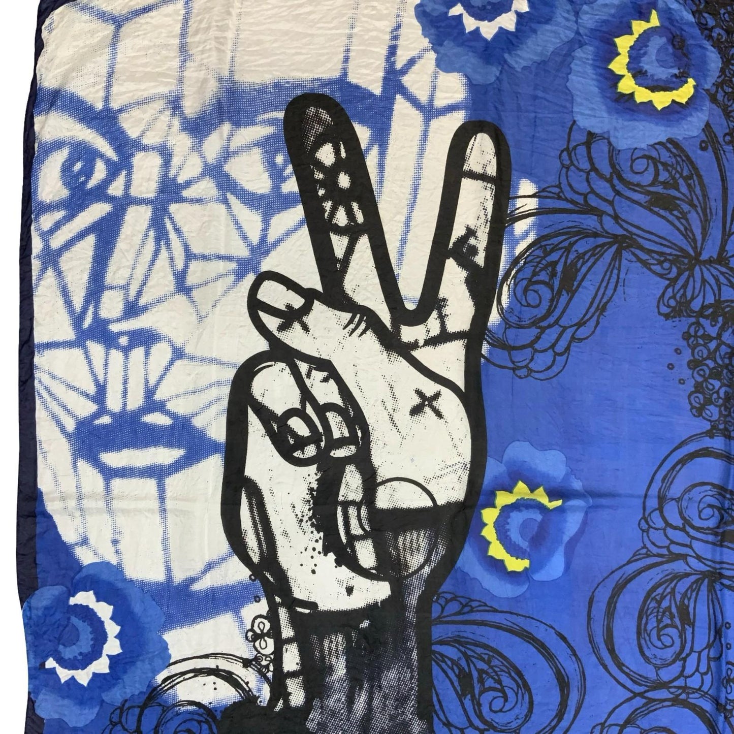 VTG BLUE BLACK ART PRINT TEXTILE HAND PEACE SIGN STRIKING INTRICATE FABRIC SCARF