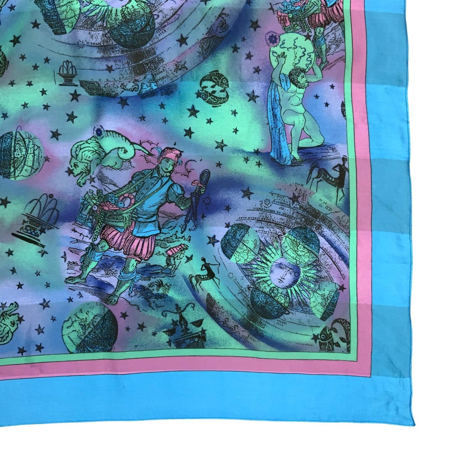 VTG BLUE GREEN PINK CELESTIAL FOLK MYTHICAL SYMBOLIC BANDANNA SQUARE SCARF