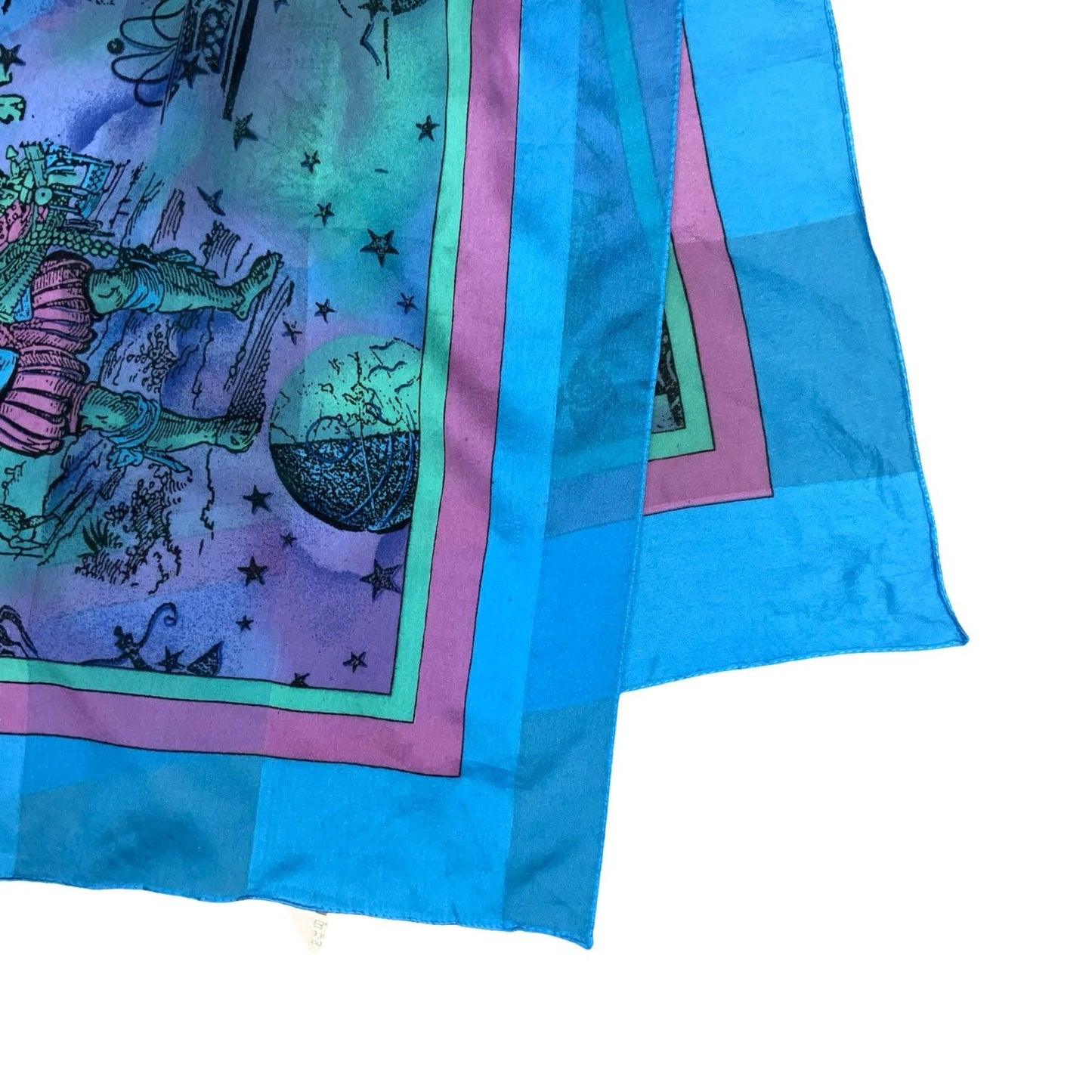VTG BLUE GREEN PINK CELESTIAL FOLK MYTHICAL SYMBOLIC BANDANNA SQUARE SCARF
