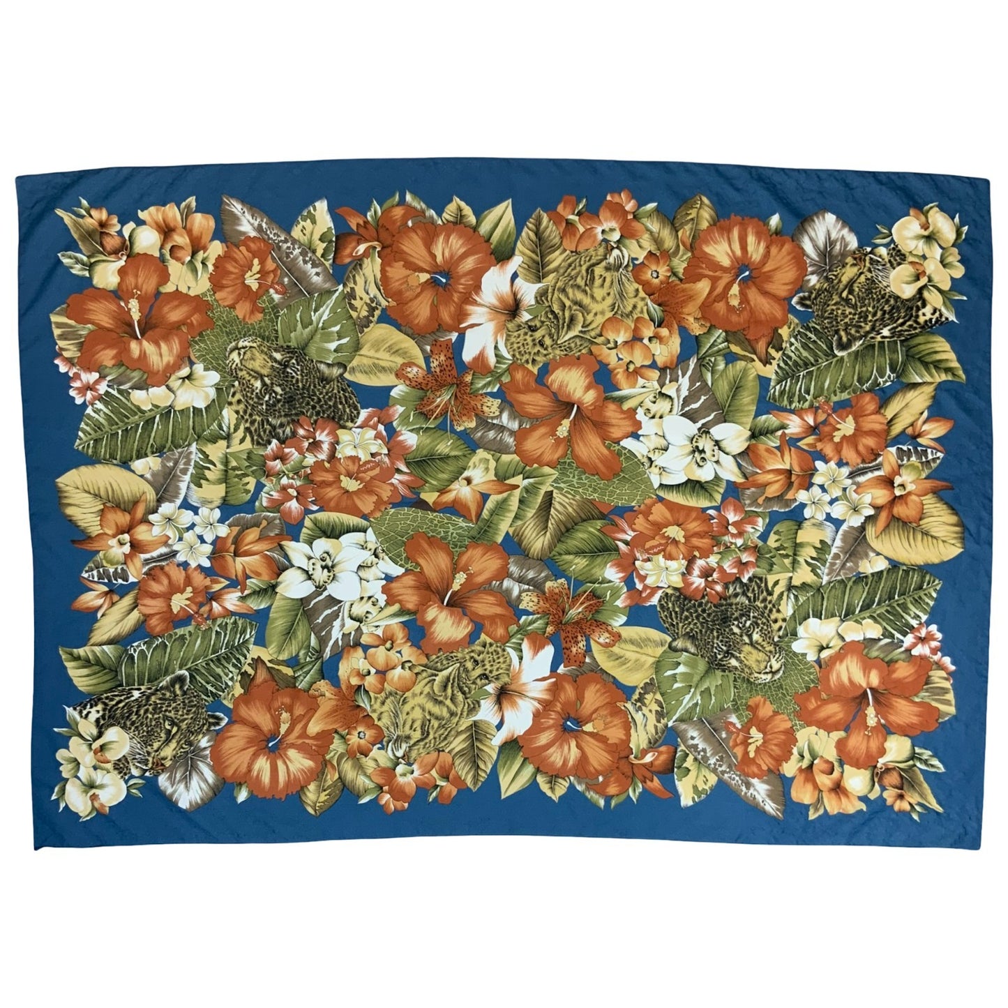 VTG BLUE FLORAL ORANGE YELLOW GREEN HIBISCUS TROPICAL LEOPARD SARONG SCARF