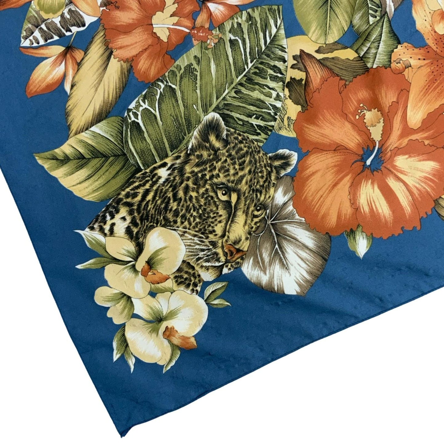 VTG BLUE FLORAL ORANGE YELLOW GREEN HIBISCUS TROPICAL LEOPARD SARONG SCARF