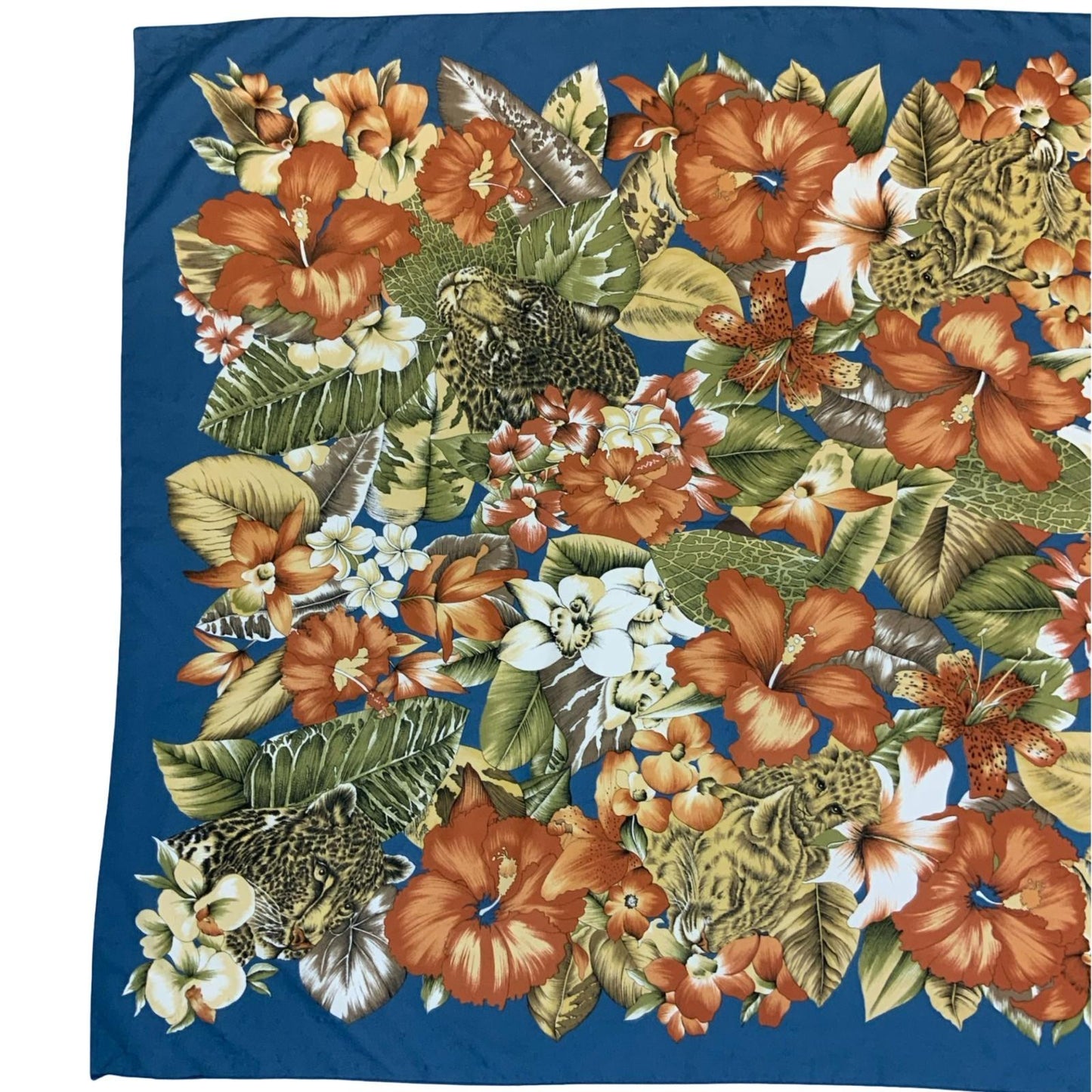 VTG BLUE FLORAL ORANGE YELLOW GREEN HIBISCUS TROPICAL LEOPARD SARONG SCARF