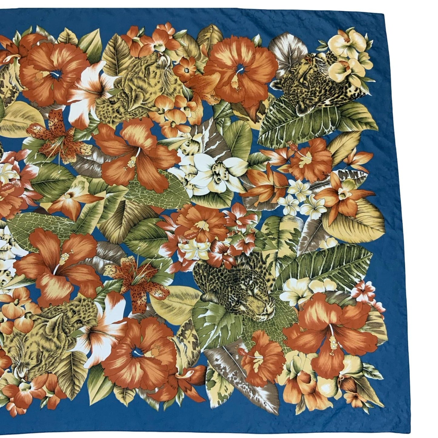 VTG BLUE FLORAL ORANGE YELLOW GREEN HIBISCUS TROPICAL LEOPARD SARONG SCARF