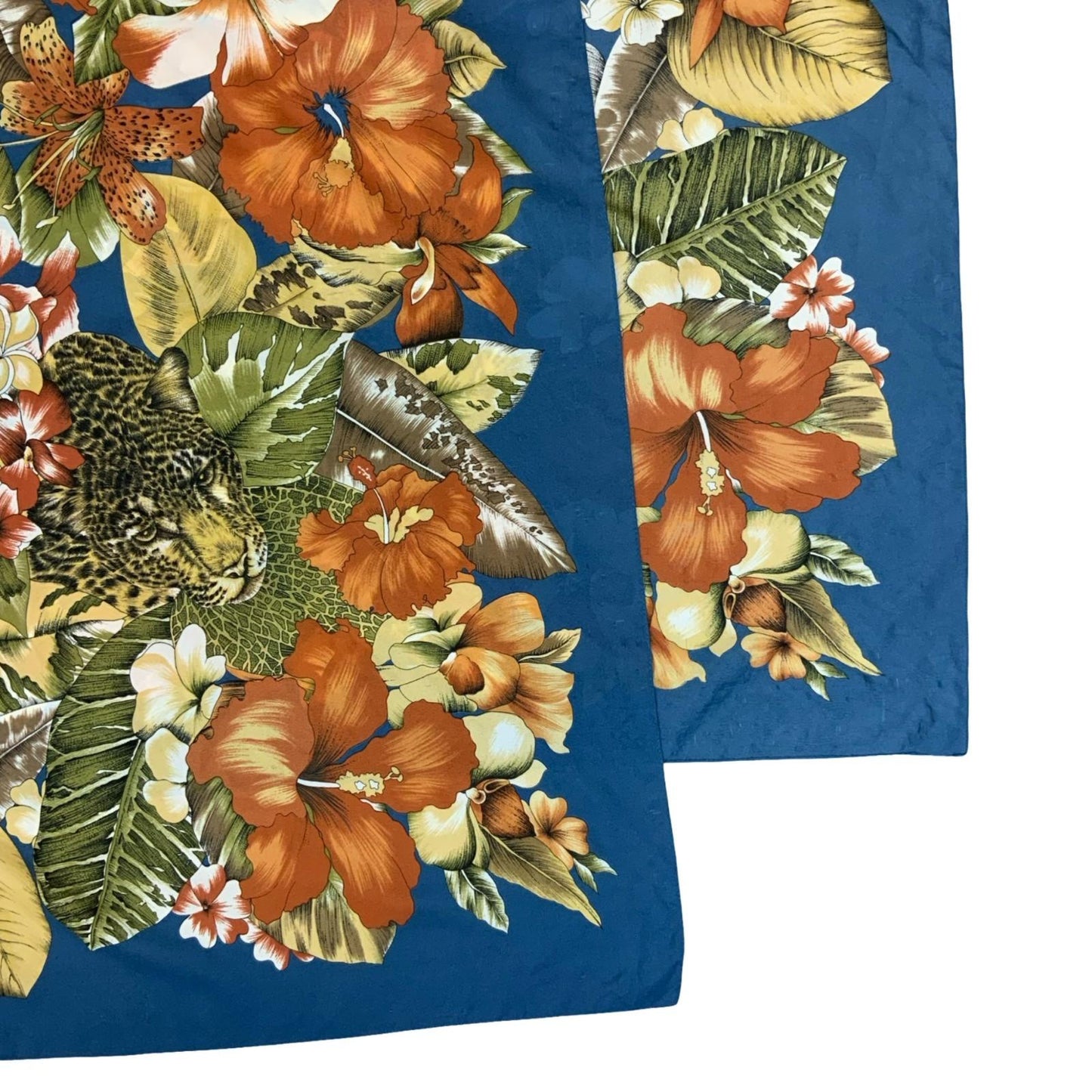 VTG BLUE FLORAL ORANGE YELLOW GREEN HIBISCUS TROPICAL LEOPARD SARONG SCARF