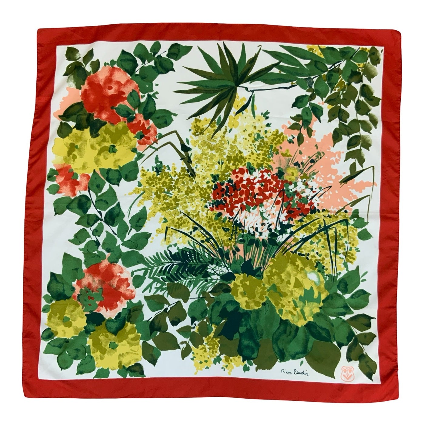 VTG 80s 'PIERRE CARDIN' FRENCH FLORAL RED GREEN YELLOW INTRICATE SQUARE SCARF