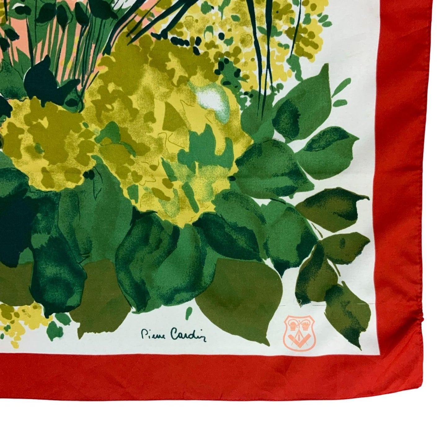 VTG 80s 'PIERRE CARDIN' FRENCH FLORAL RED GREEN YELLOW INTRICATE SQUARE SCARF