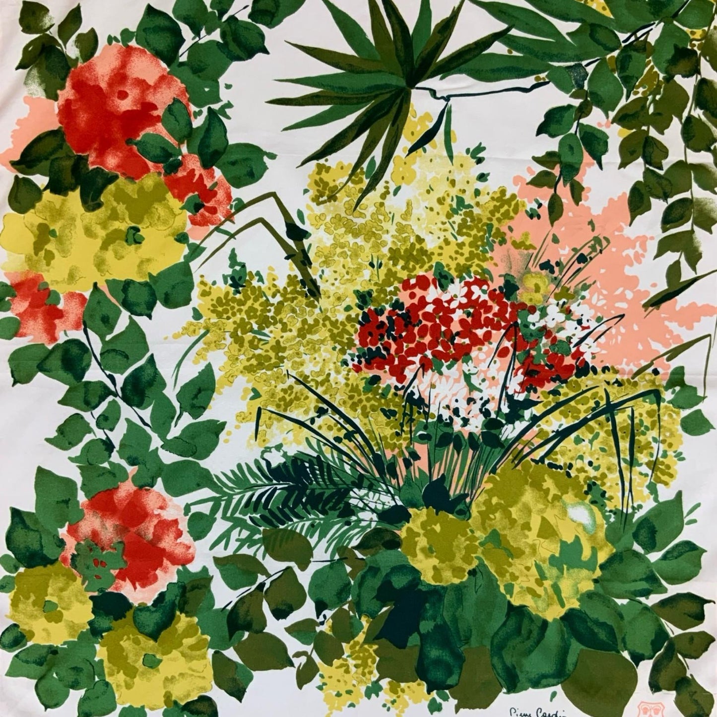 VTG 80s 'PIERRE CARDIN' FRENCH FLORAL RED GREEN YELLOW INTRICATE SQUARE SCARF