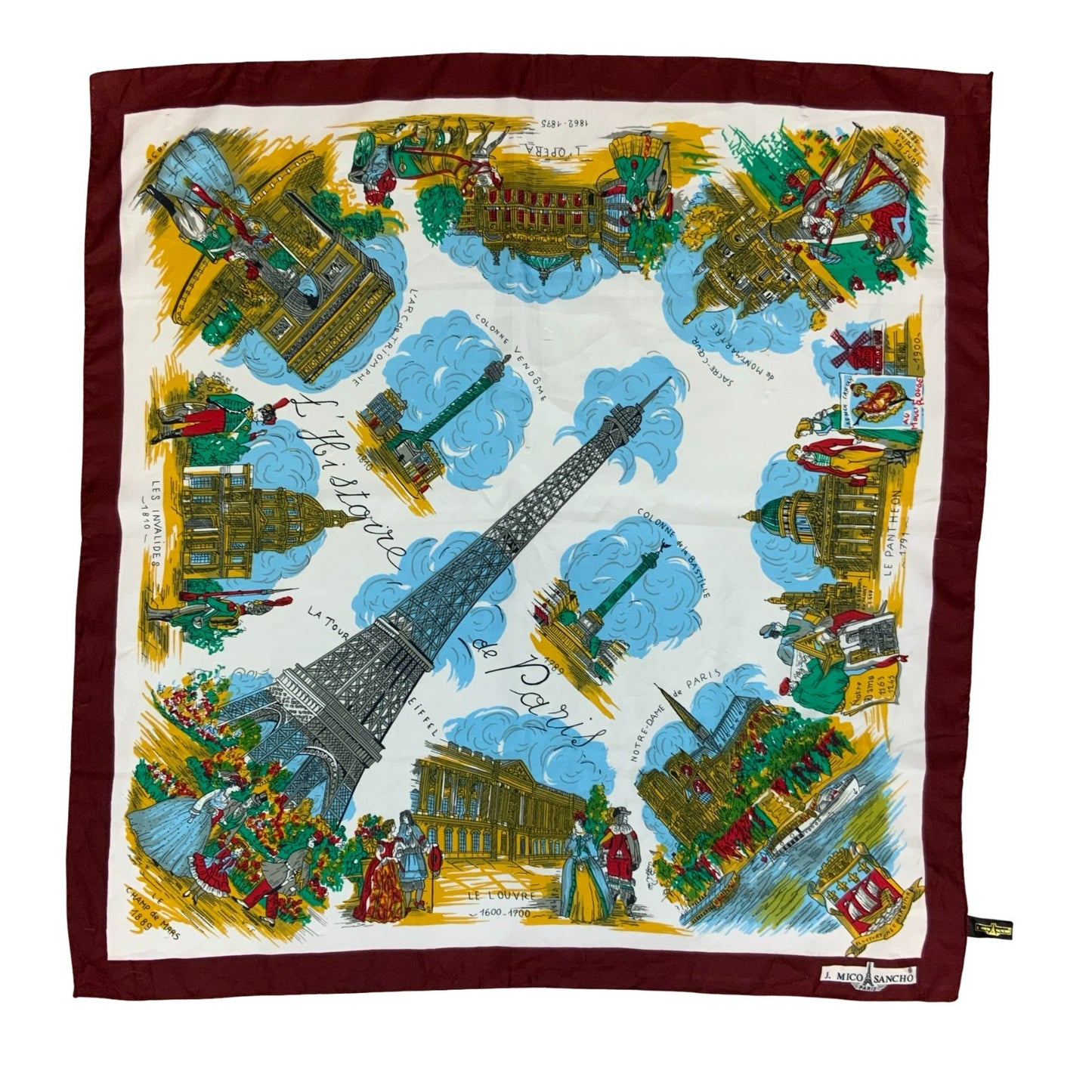 VTG 'J. MICO SANCHO' FRANCE BURGUNDY PARIS DESIGNER SQUARE TOURIST SCARF
