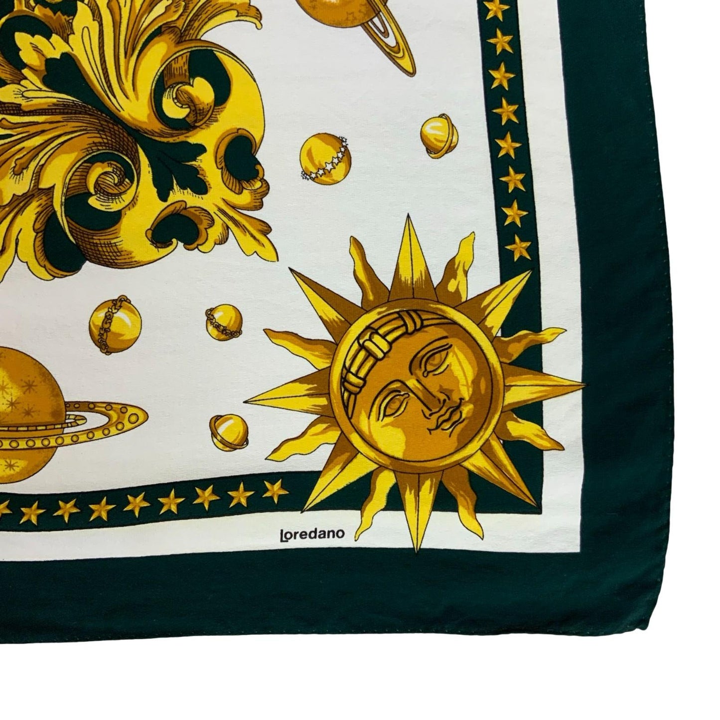 VTG 'LOREDANO' BLACK GOLD WHITE CELESTIAL ORNATE SUN MOON PURE SILK SQUARE SCARF