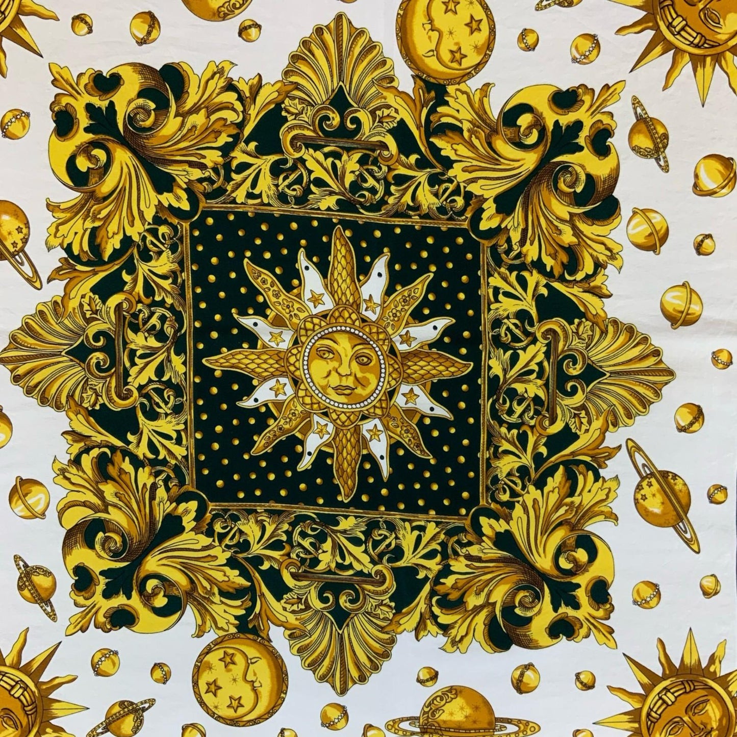 VTG 'LOREDANO' BLACK GOLD WHITE CELESTIAL ORNATE SUN MOON PURE SILK SQUARE SCARF