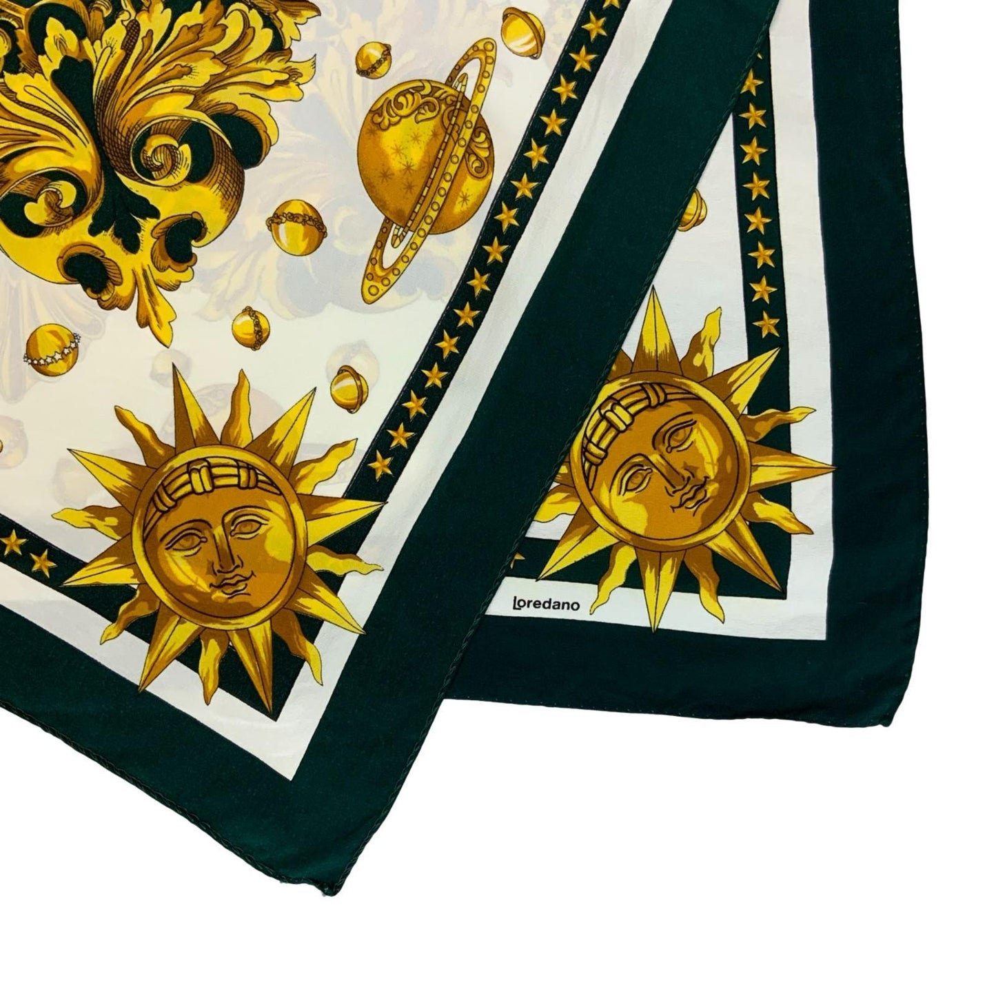 VTG 'LOREDANO' BLACK GOLD WHITE CELESTIAL ORNATE SUN MOON PURE SILK SQUARE SCARF