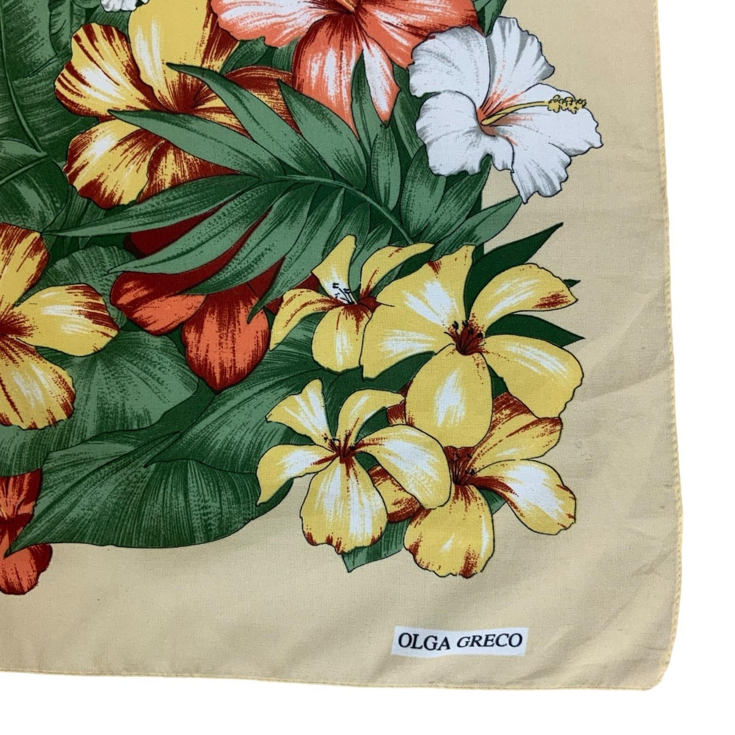 VTG 80s 'OLGA GRECO' BEIGE FLORAL RED YELLOW WHITE ITALIAN DESIGNER SQUARE SCARF