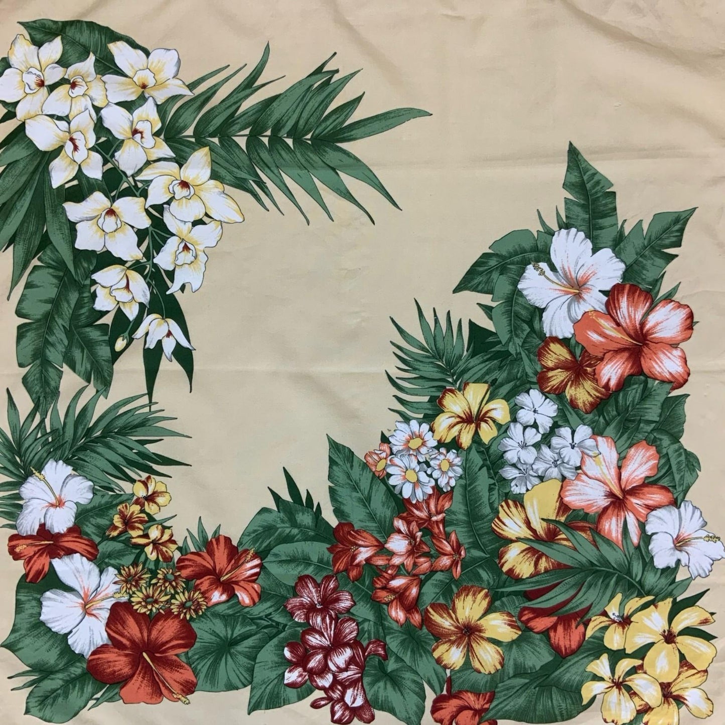 VTG 80s 'OLGA GRECO' BEIGE FLORAL RED YELLOW WHITE ITALIAN DESIGNER SQUARE SCARF