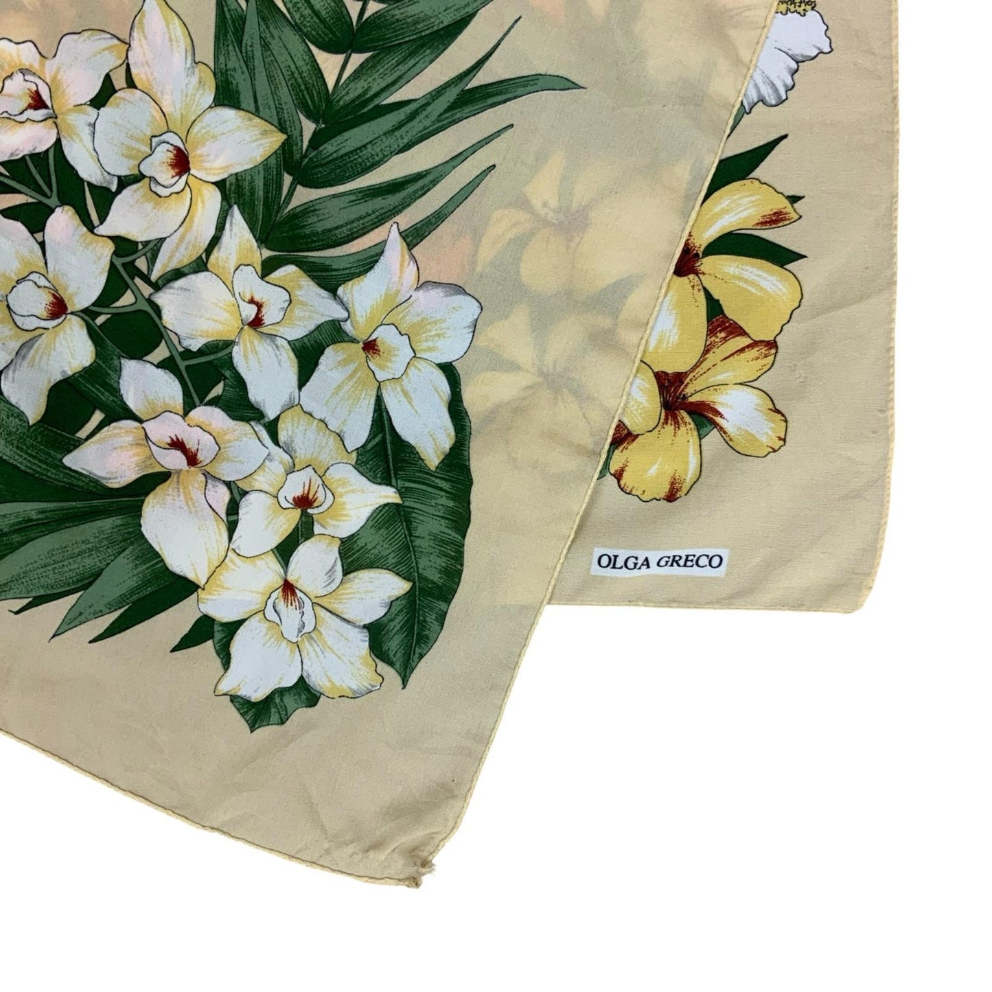 VTG 80s 'OLGA GRECO' BEIGE FLORAL RED YELLOW WHITE ITALIAN DESIGNER SQUARE SCARF