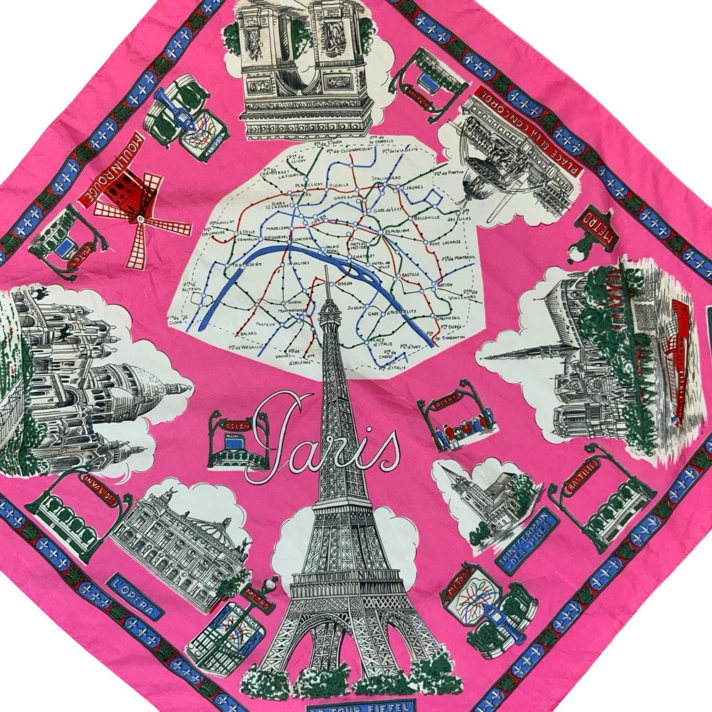 VTG 90s PINK PARIS SOUVENIR METRO MAP PARISIAN SQUARE TOURIST SCARF