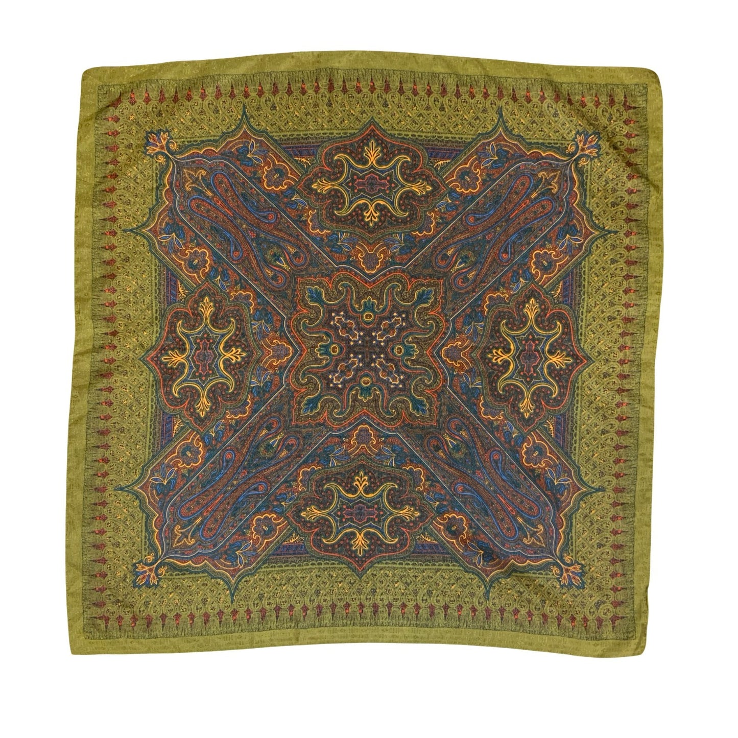 VTG 90s GREEN BLUE RED INTRICATE ORNAMENTAL FLORAL FOLKLORE SQUARE SCARF