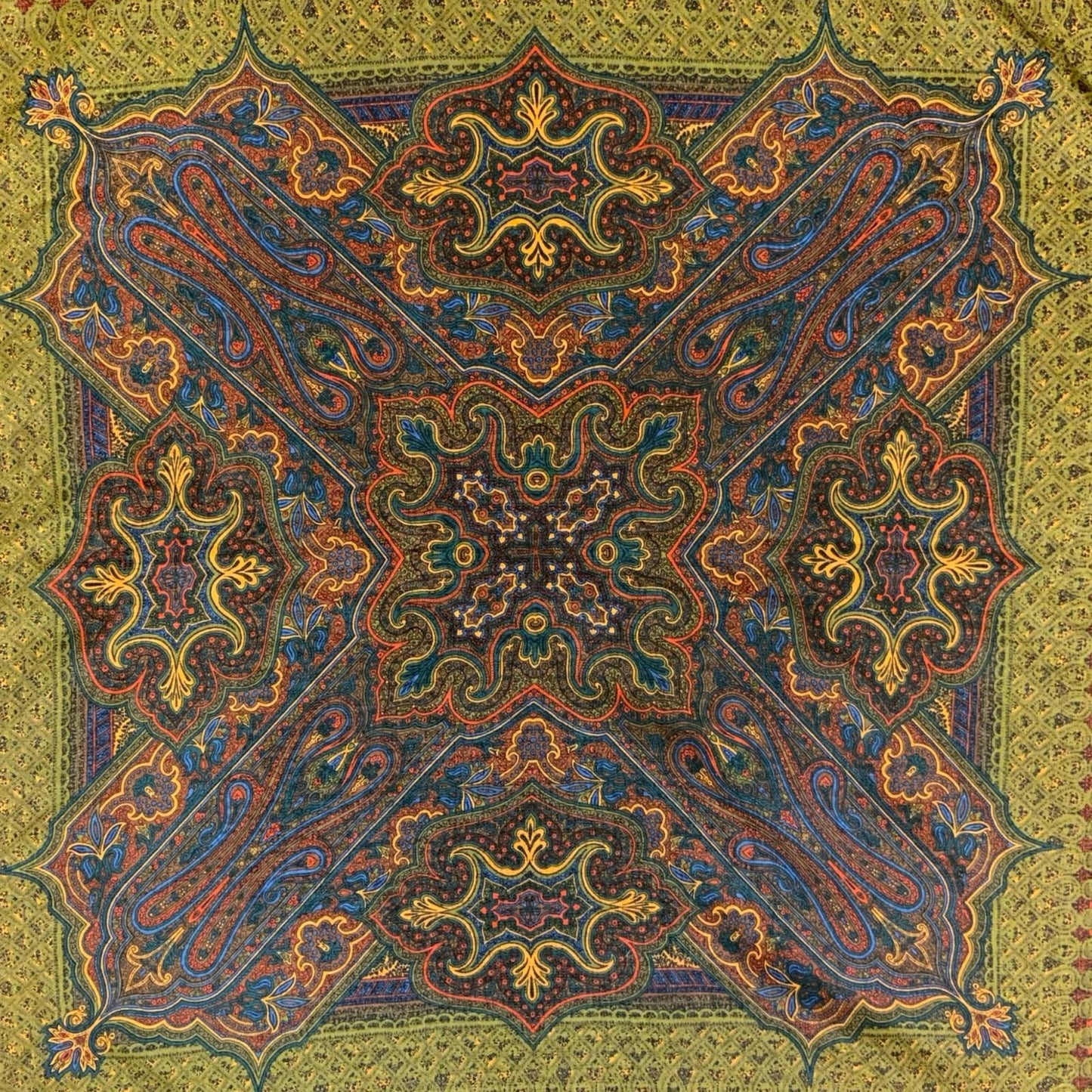 VTG 90s GREEN BLUE RED INTRICATE ORNAMENTAL FLORAL FOLKLORE SQUARE SCARF