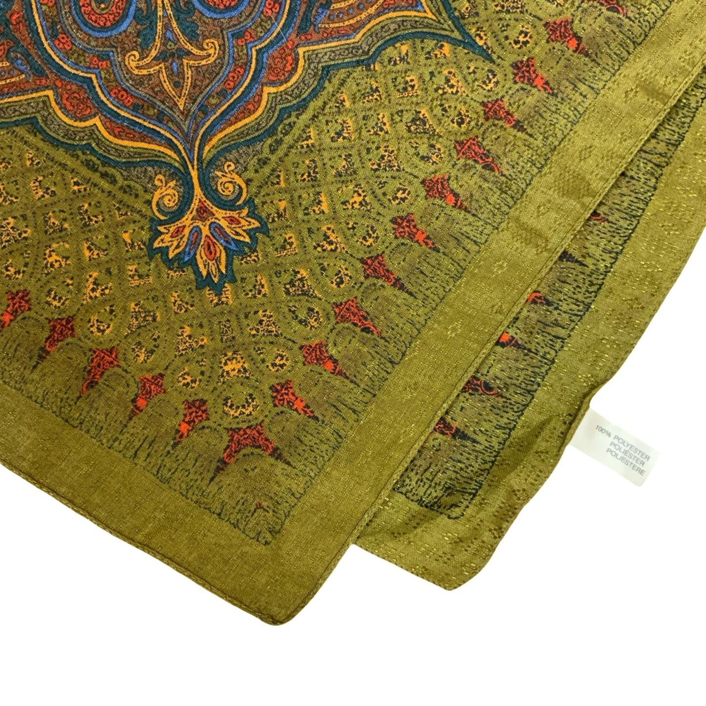 VTG 90s GREEN BLUE RED INTRICATE ORNAMENTAL FLORAL FOLKLORE SQUARE SCARF