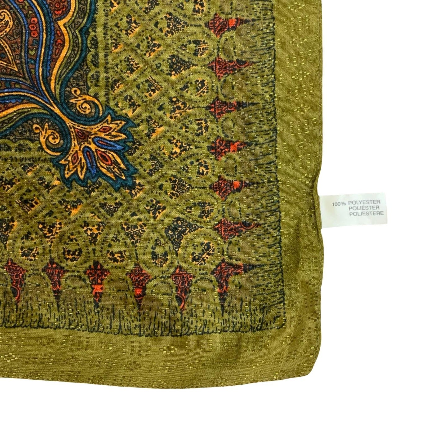 VTG 90s GREEN BLUE RED INTRICATE ORNAMENTAL FLORAL FOLKLORE SQUARE SCARF
