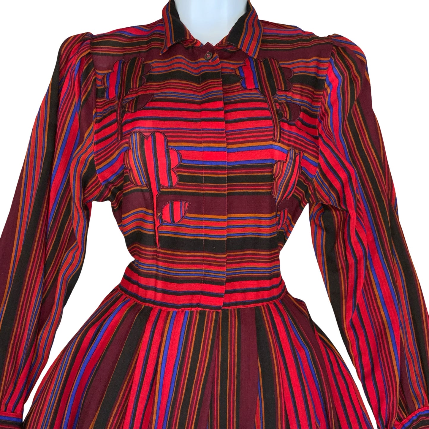 VTG 80s 'BOGNER' RED BLUE BLACK STRIPE FLORAL EMBROIDERED AUTUMNAL DRESS UK 8/10