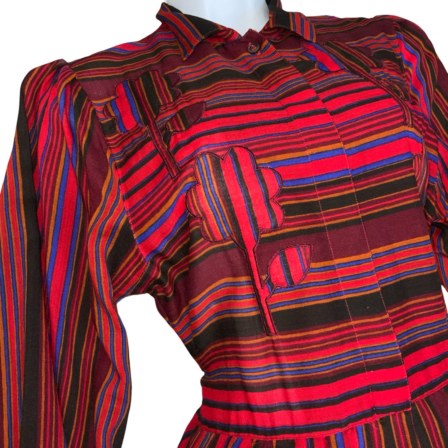VTG 80s 'BOGNER' RED BLUE BLACK STRIPE FLORAL EMBROIDERED AUTUMNAL DRESS UK 8/10