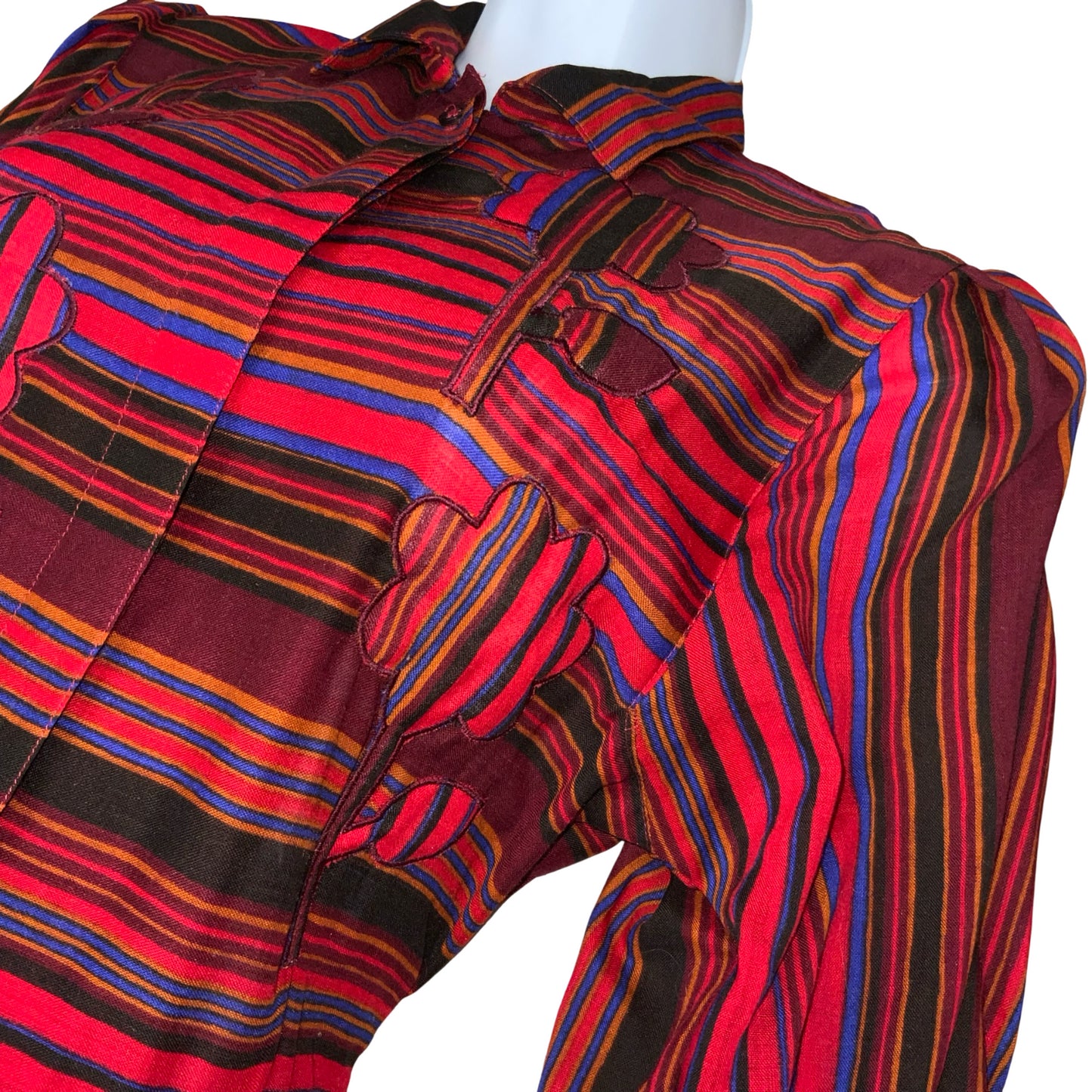 VTG 80s 'BOGNER' RED BLUE BLACK STRIPE FLORAL EMBROIDERED AUTUMNAL DRESS UK 8/10