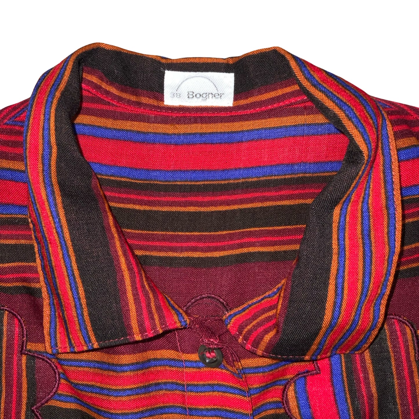 VTG 80s 'BOGNER' RED BLUE BLACK STRIPE FLORAL EMBROIDERED AUTUMNAL DRESS UK 8/10