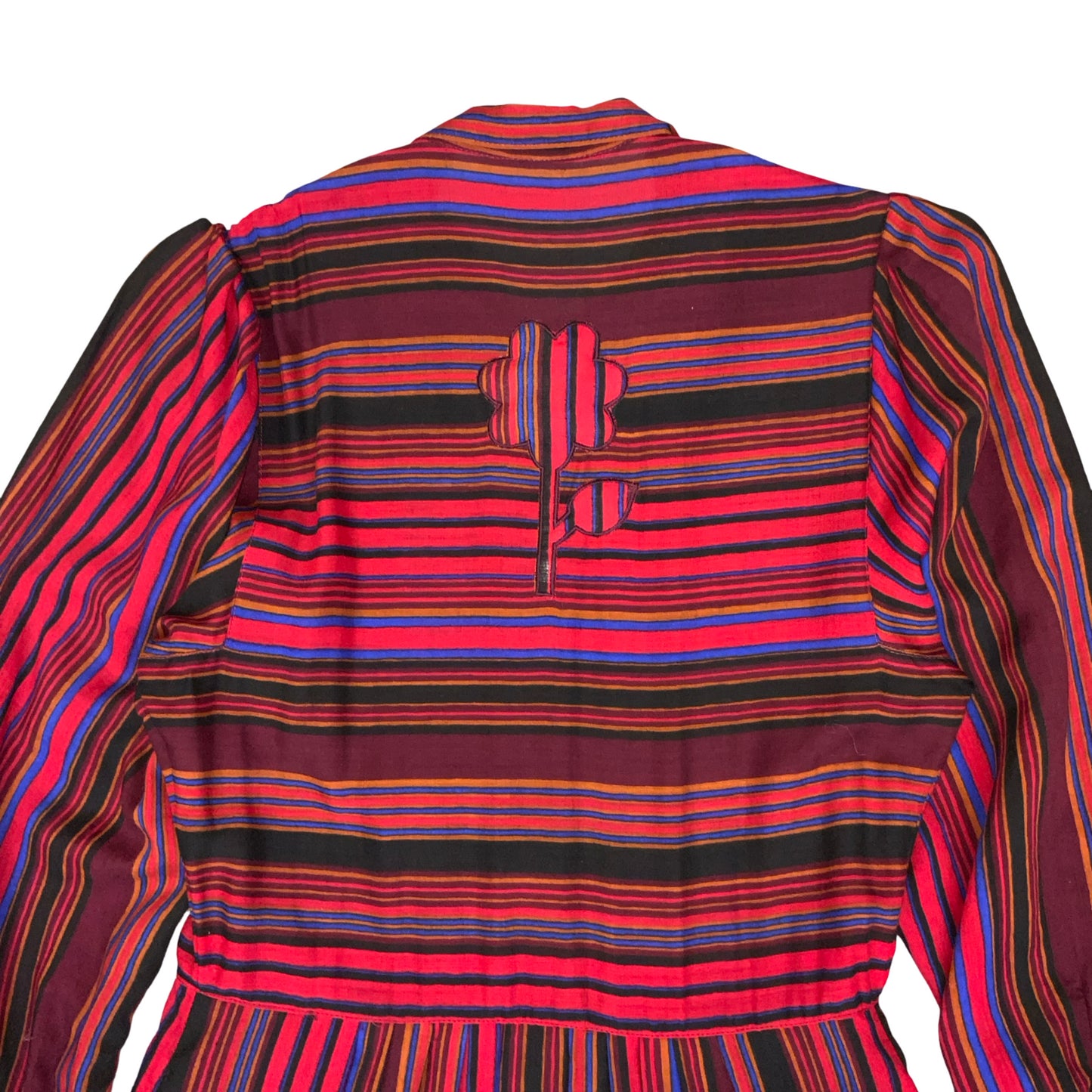 VTG 80s 'BOGNER' RED BLUE BLACK STRIPE FLORAL EMBROIDERED AUTUMNAL DRESS UK 8/10