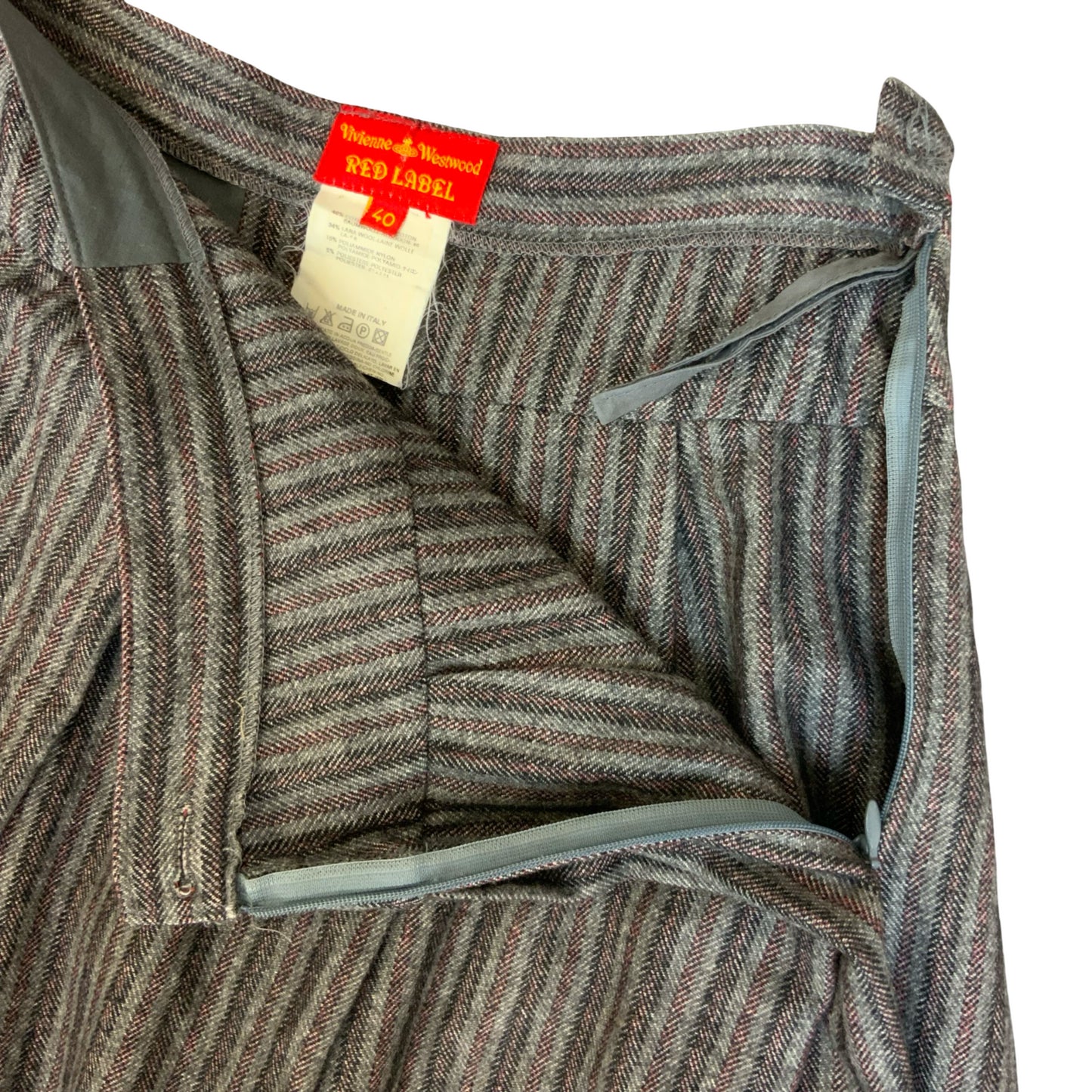 VTG 'VIVIENNE WESTWOOD' GREY RED BLACK STRIPE ASYMMETRIC PLEATED WOOL SKIRT UK12