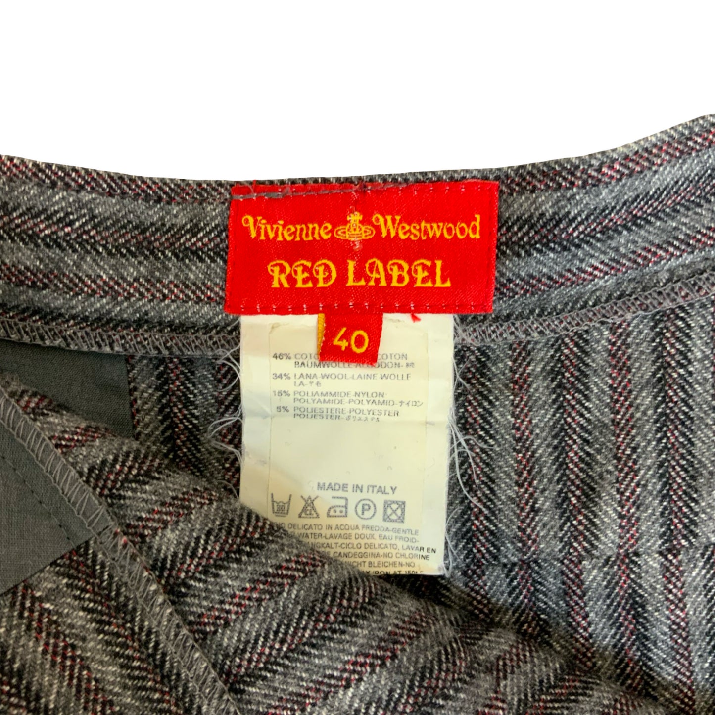VTG 'VIVIENNE WESTWOOD' GREY RED BLACK STRIPE ASYMMETRIC PLEATED WOOL SKIRT UK12