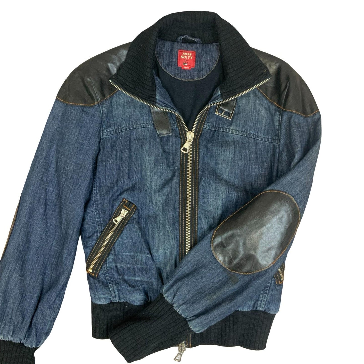 VTG Y2K 'Miss Sixty' RARE Blue Faded Denim Cropped Bomber Zip-Up Jacket UK 10/12