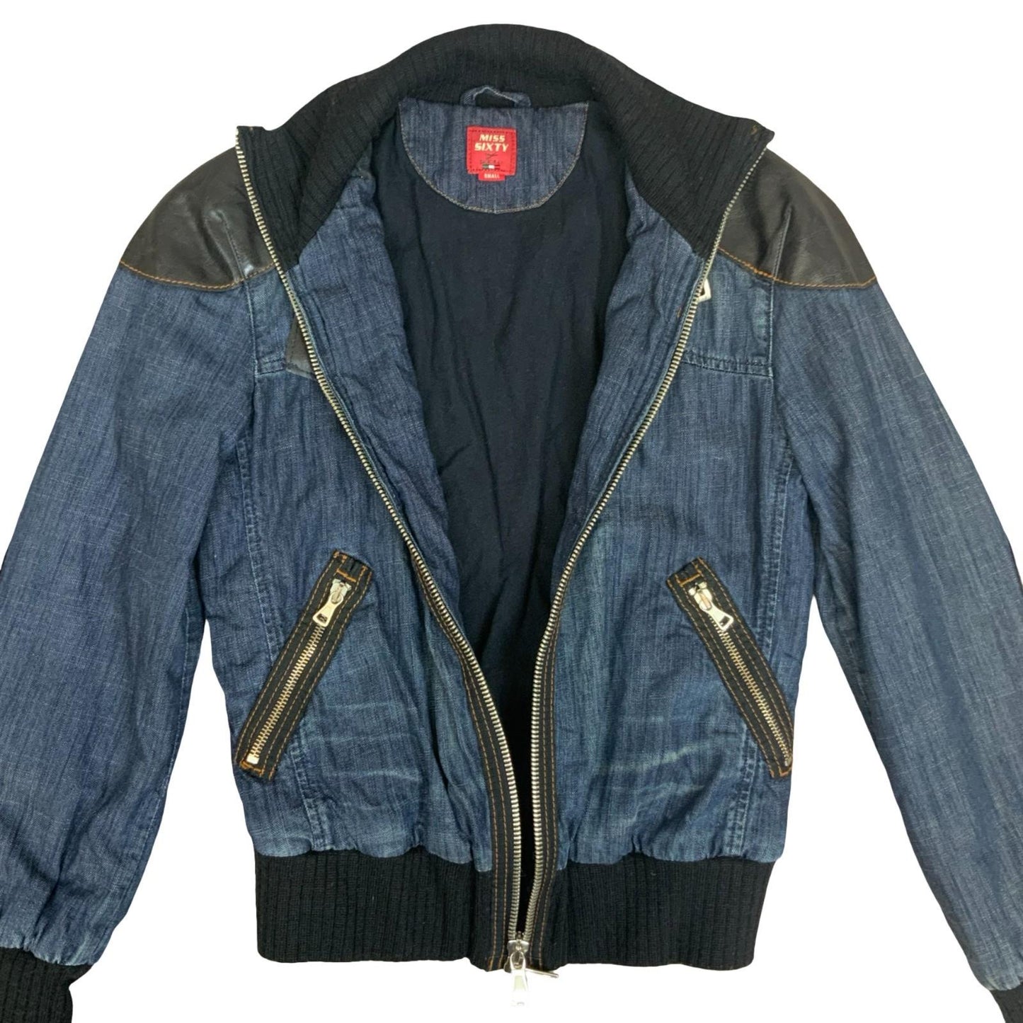 VTG Y2K 'Miss Sixty' RARE Blue Faded Denim Cropped Bomber Zip-Up Jacket UK 10/12