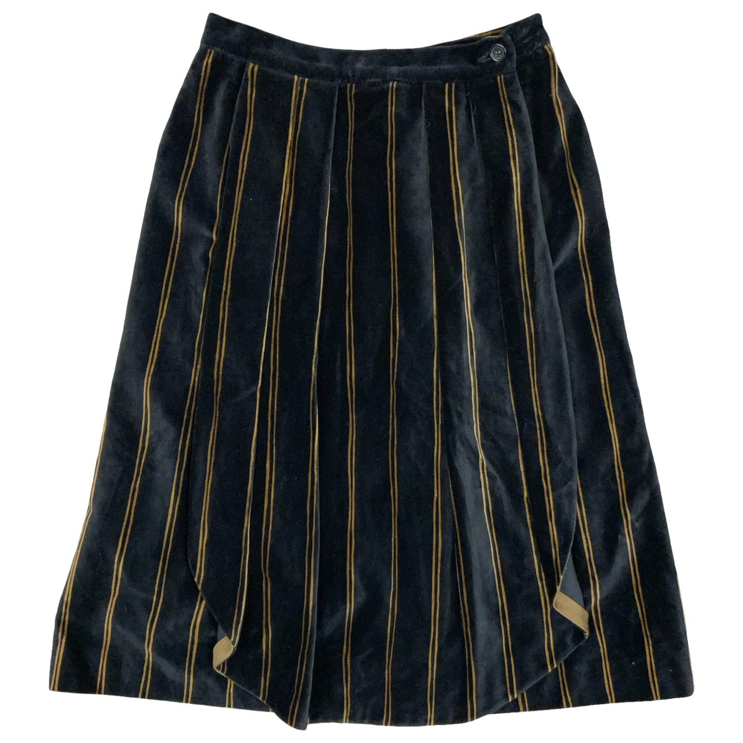 Vtg 'Giorgio Armani' Black Gold Striped Cotton Velvet Pleated Midi Skirt UK 10