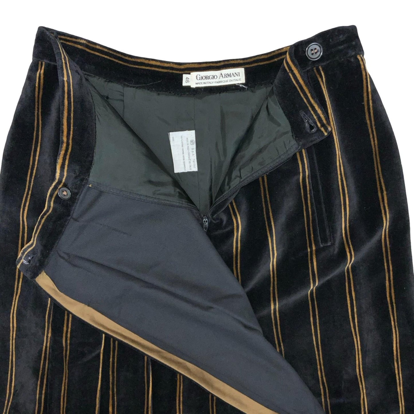 Vtg 'Giorgio Armani' Black Gold Striped Cotton Velvet Pleated Midi Skirt UK 10