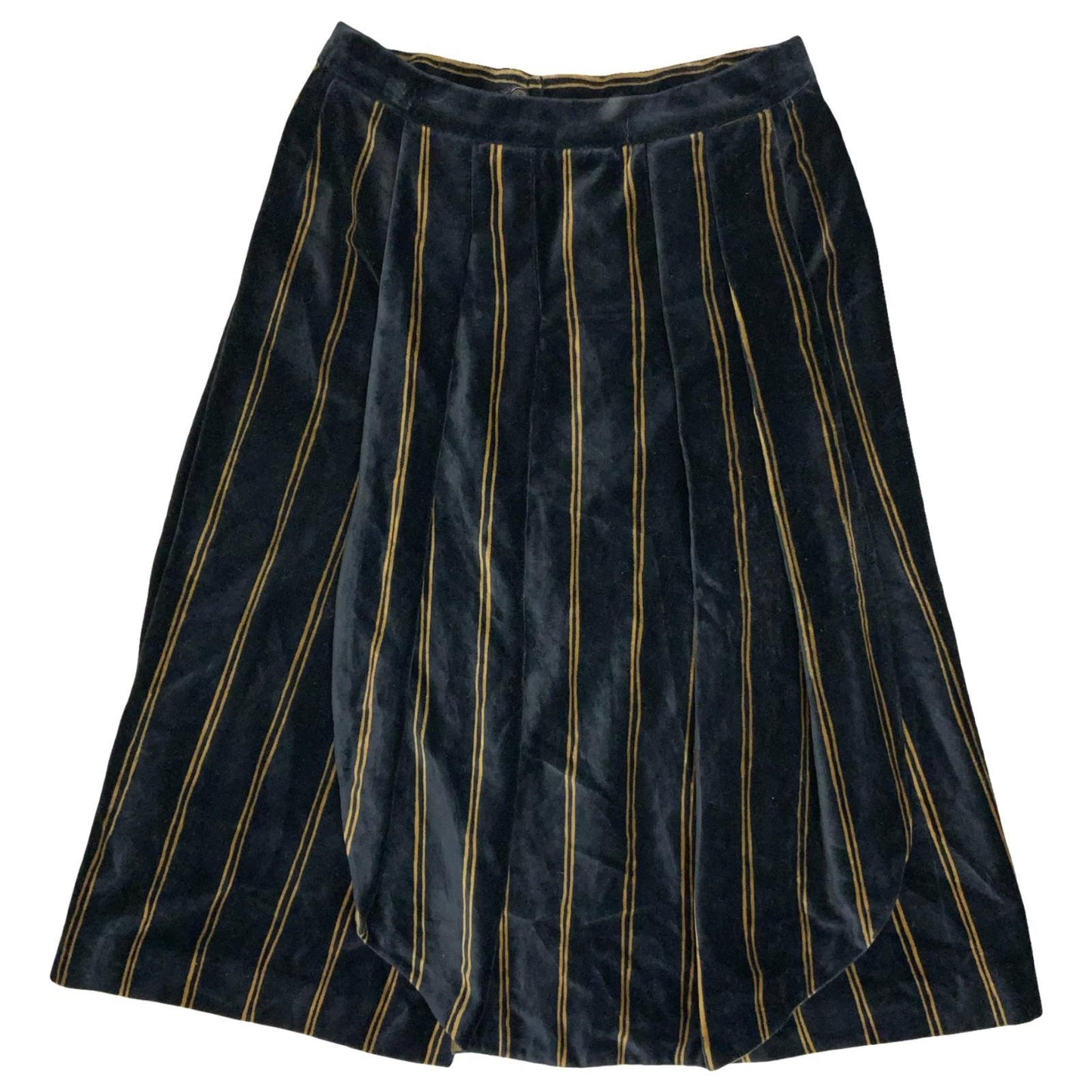 Vtg 'Giorgio Armani' Black Gold Striped Cotton Velvet Pleated Midi Skirt UK 10