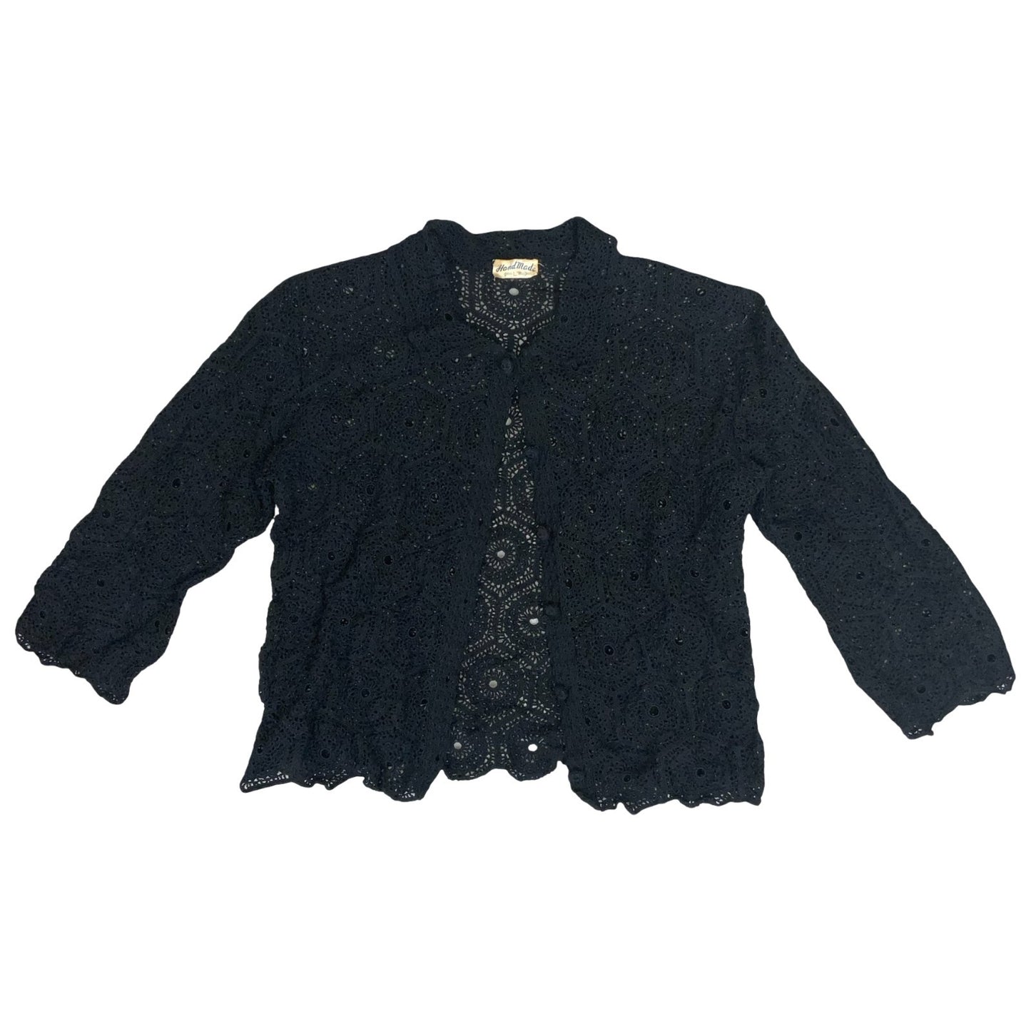 Vtg Black Floral Knit Crochet Textured Cut-Out Gothic Bolero Cardigan UK 8/10
