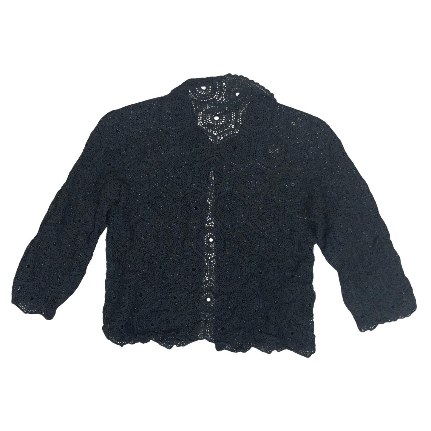 Vtg Black Floral Knit Crochet Textured Cut-Out Gothic Bolero Cardigan UK 8/10