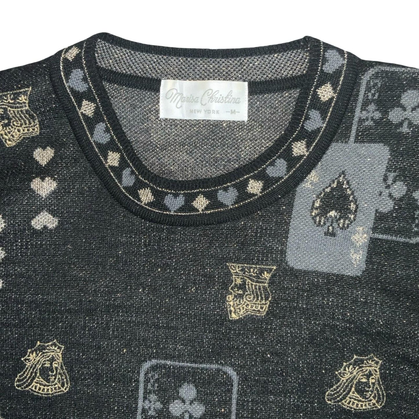 VTG 80s RARE 'Marisa Christina' Black Grey Playing Cards Novelty Jumper UK 10/12
