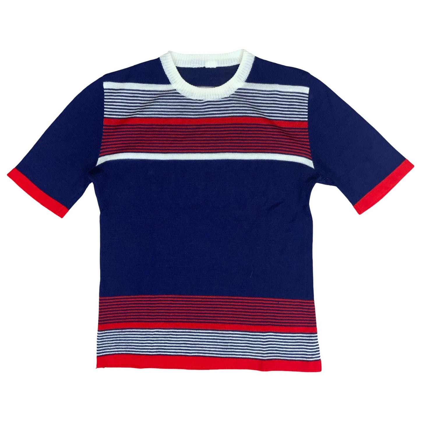 VTG 70s 80s Blue Red White Stripe Short Sleeve Casual Ribbed Knit T-Shirt UK 6/8