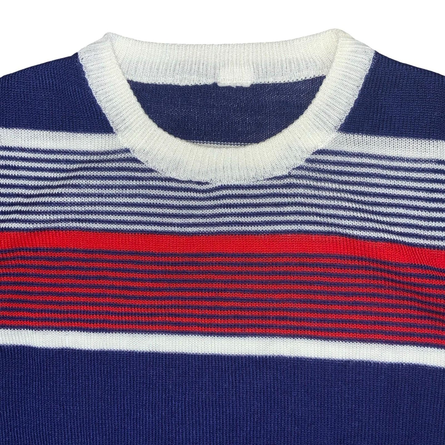 VTG 70s 80s Blue Red White Stripe Short Sleeve Casual Ribbed Knit T-Shirt UK 6/8