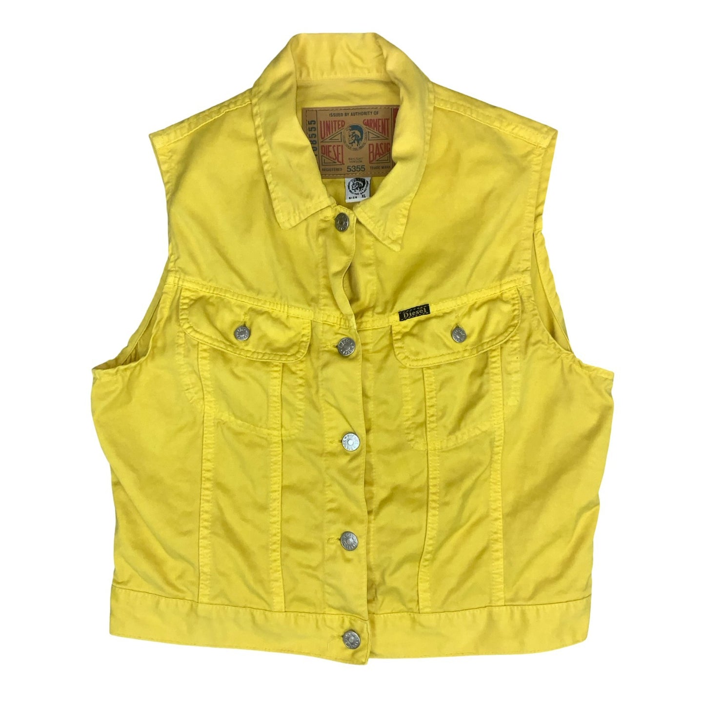 Vintage 90s 'Diesel' Yellow Biker Retro Sleeveless Denim Vest Jacket M/L UK 14