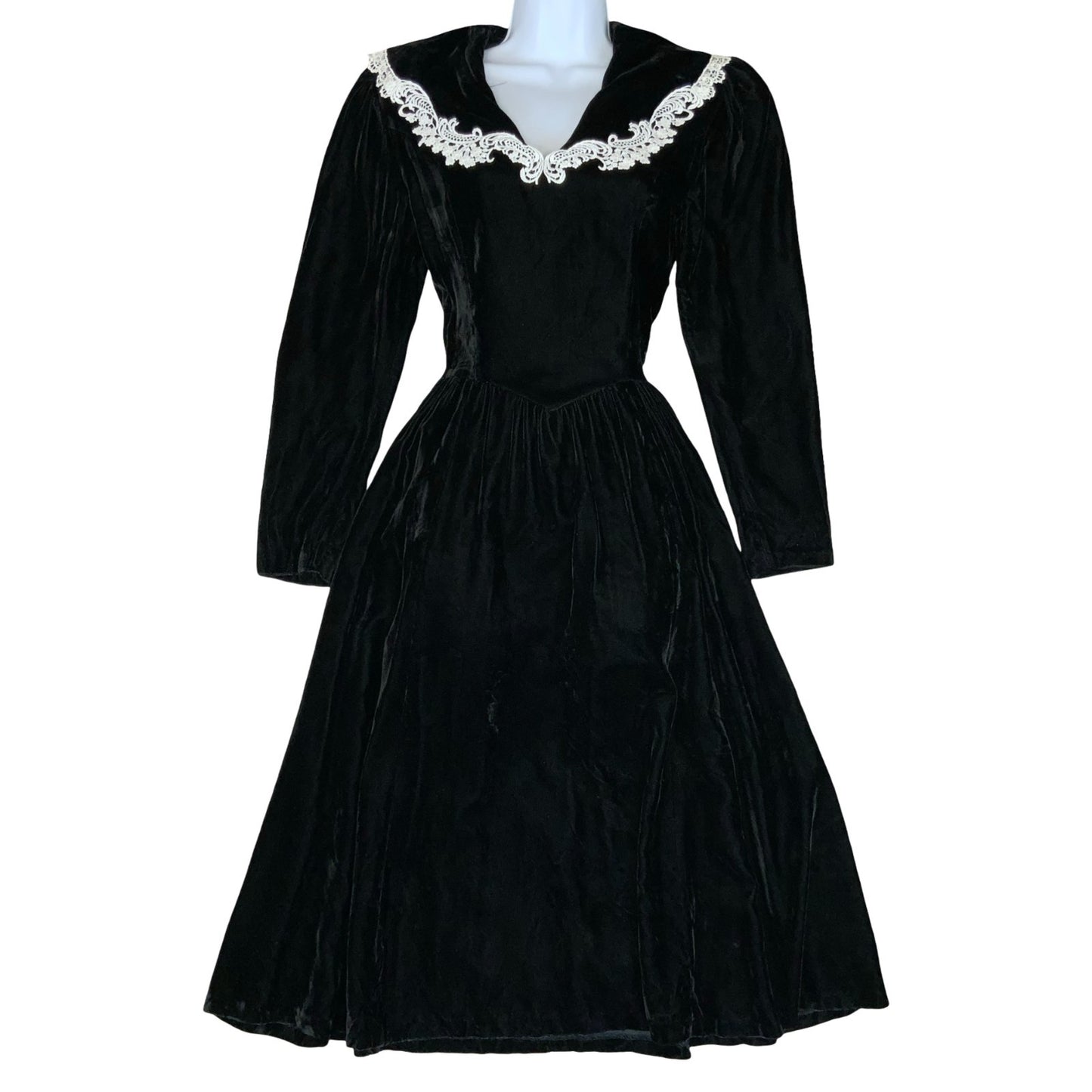 Vtg 80s 'Gunne Sax' by Jessica McClintock Black Velvet Sailor Gothic Dress UK6/8